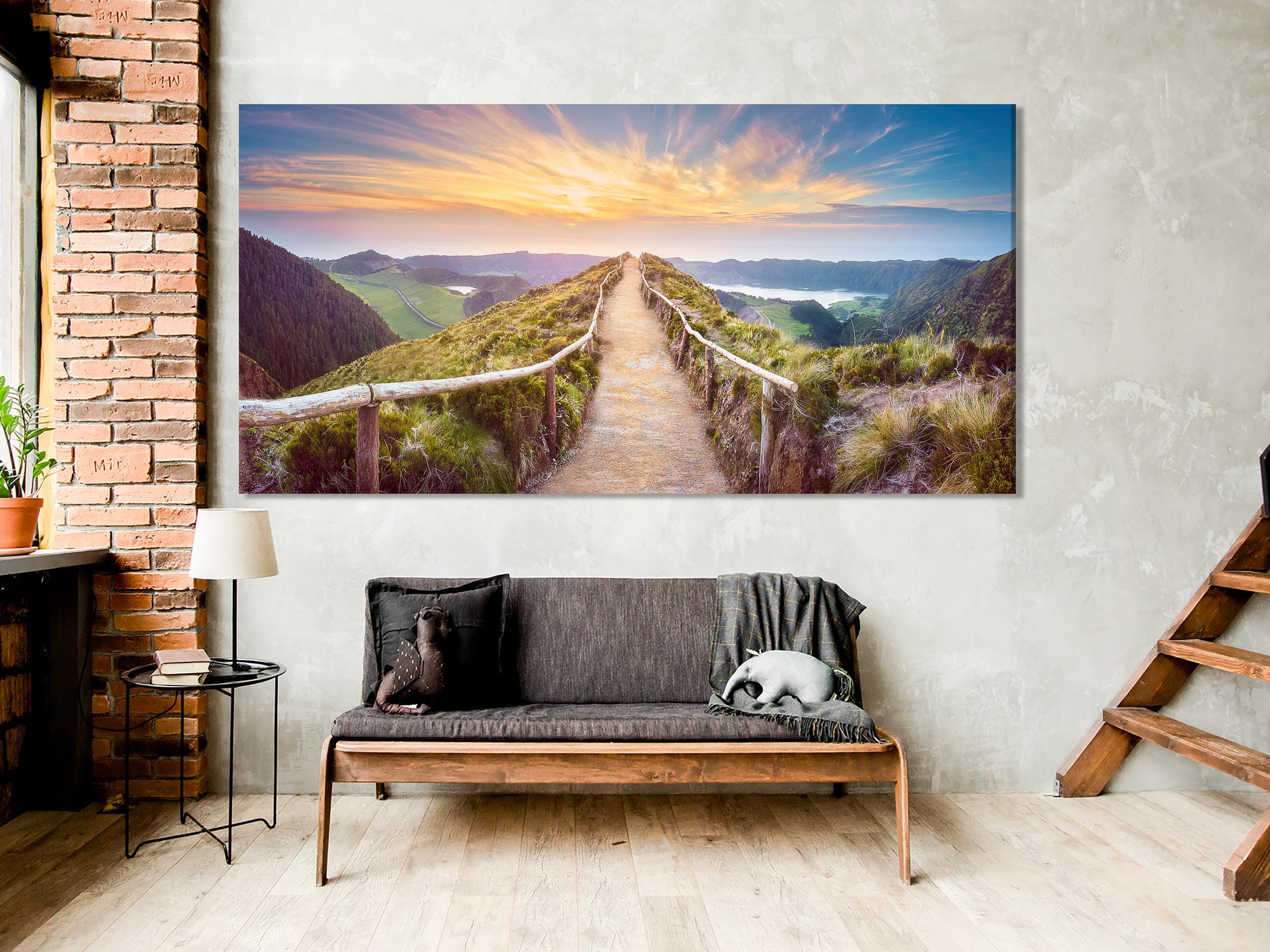 Azores Island Print Sunset Art Hiking Trail Wall Art Lake Multi-Panel Wall Art Panoramic Nature Canvas Print Azores Island Canvas Art Print