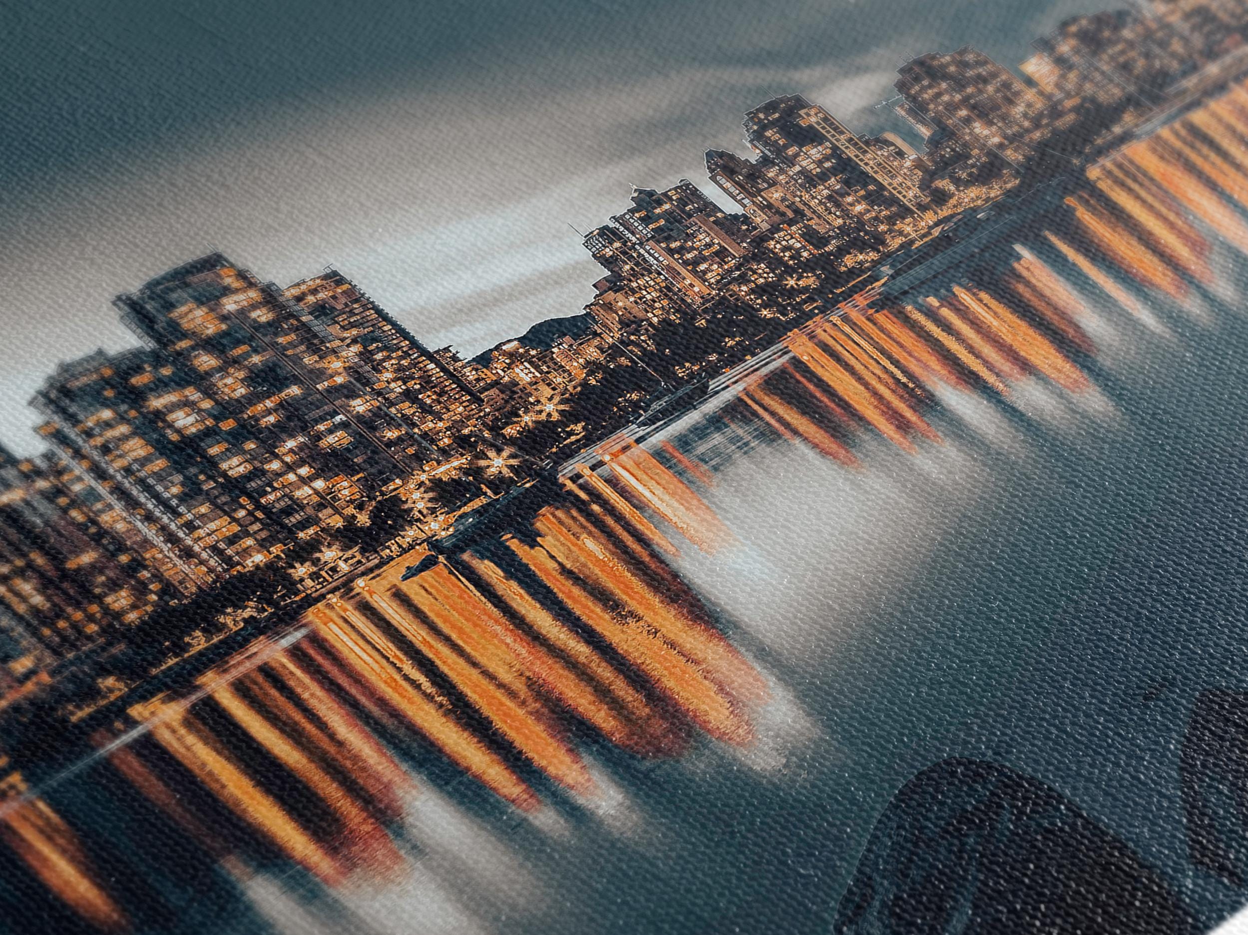 Dramatic nighttime Vancouver artwork featuring a luminous skyline and tranquil waterfront reflections, expertly transformed into a premium canvas print.