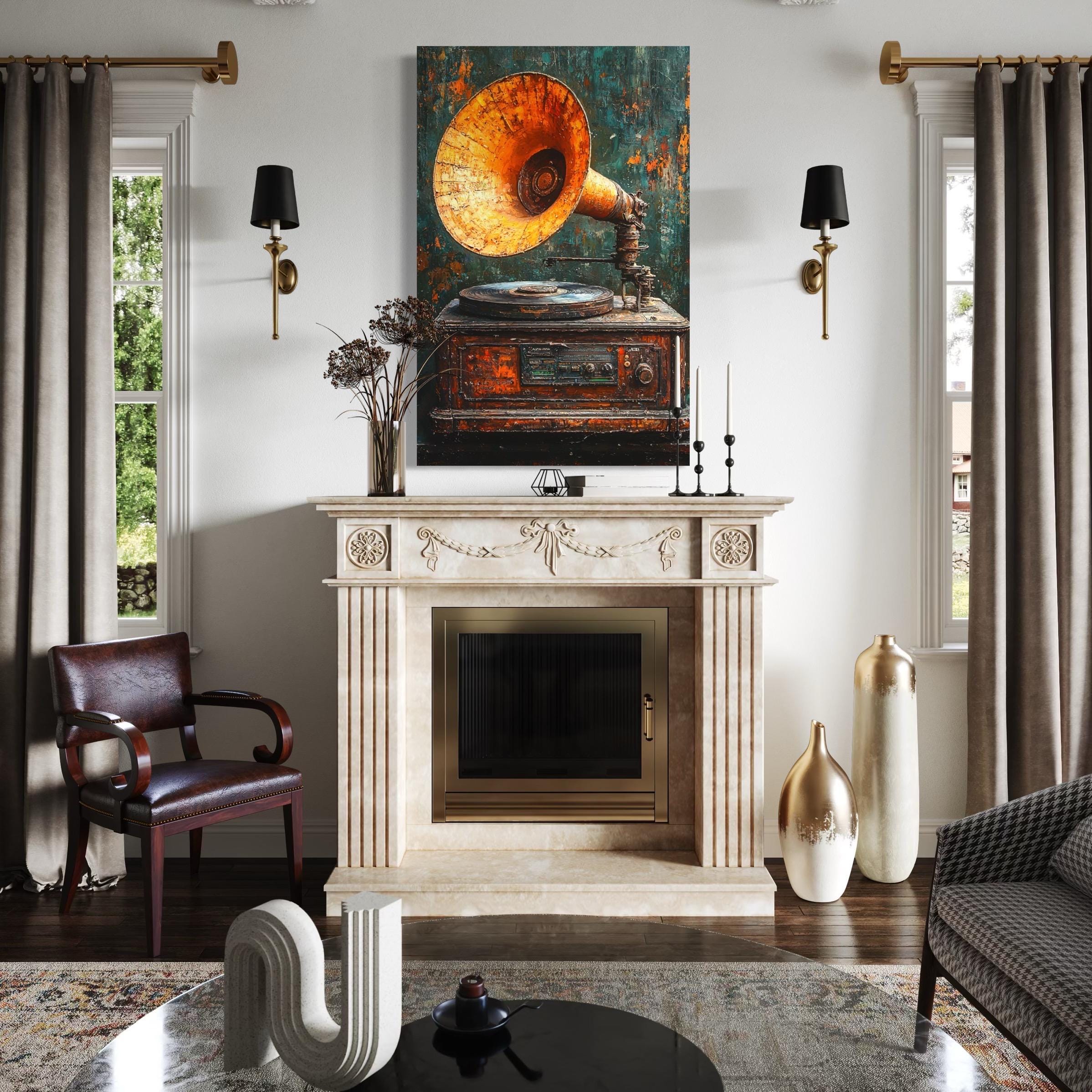 Vintage grammofoon wanddecoratie - rustieke muziekdecoratie, antieke vinylspeler canvas print, retro fonograaf kunstwerk, muzikant cadeau idee