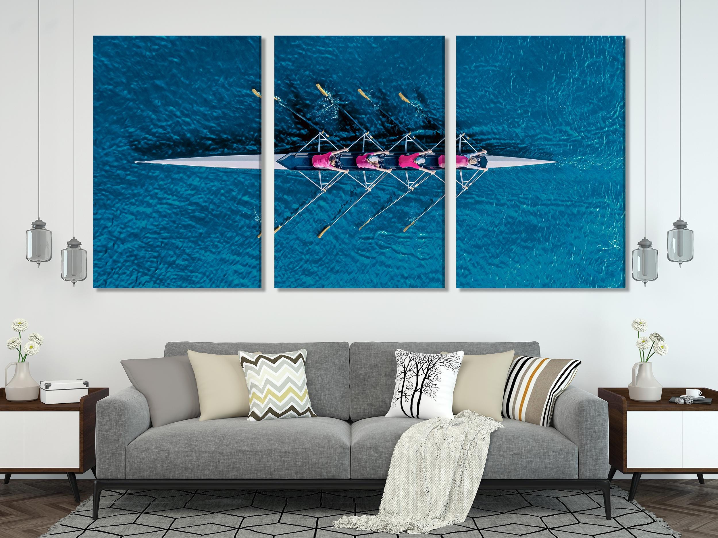 Vibrant aerial perspective artwork capturing synchronized rowing strokes, transformed into a modern wall art canvas print that celebrates teamwork and motion.