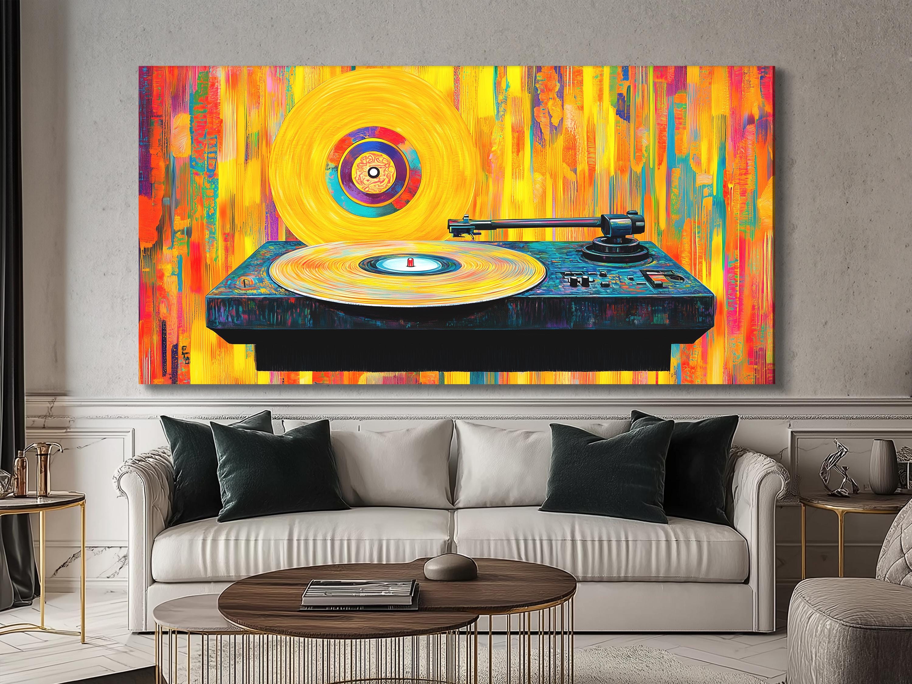 Turntable lifestyle shot with colorful wall art, styled shelving, and records.