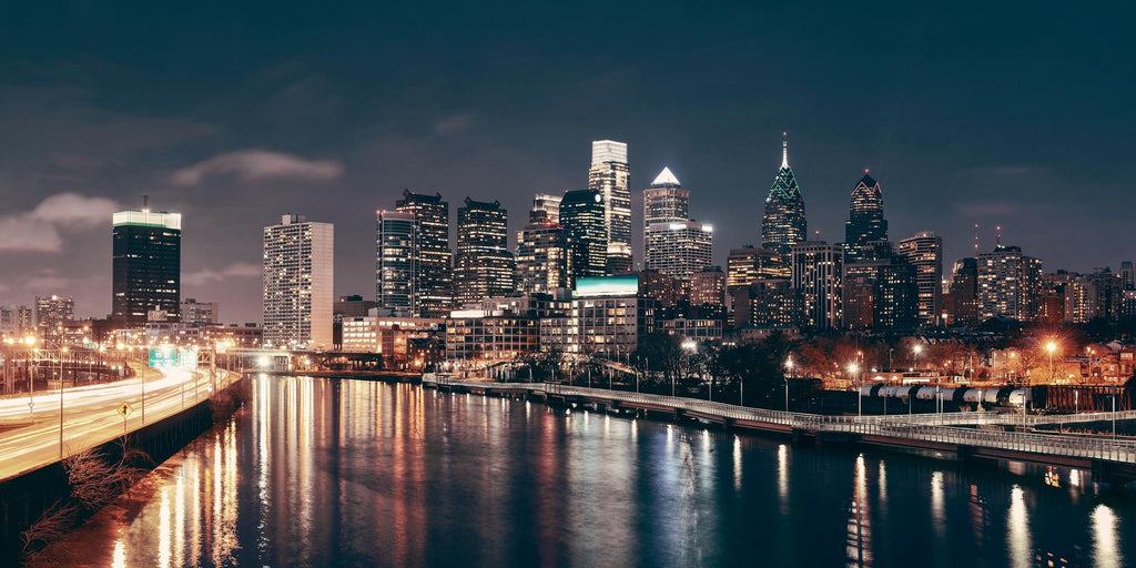 Philadelphia Skyline Canvas Wall Art, Night Cityscape Multi-Panel Print, Urban Downtown Decor, Modern City Lights Art, Large Philly Wall Art