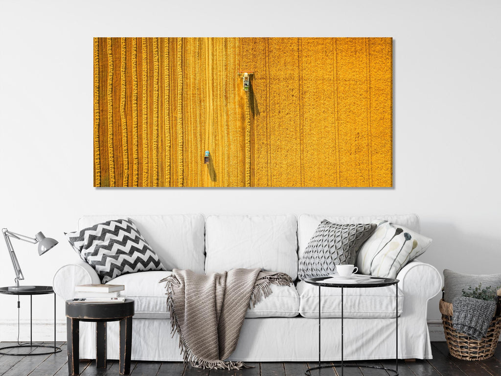 Impression sur toile d'un champ de blé vu d'en haut, scène de récolte, grand paysage agricole, œuvre sur les cultures dorées, décor rural pour bureau