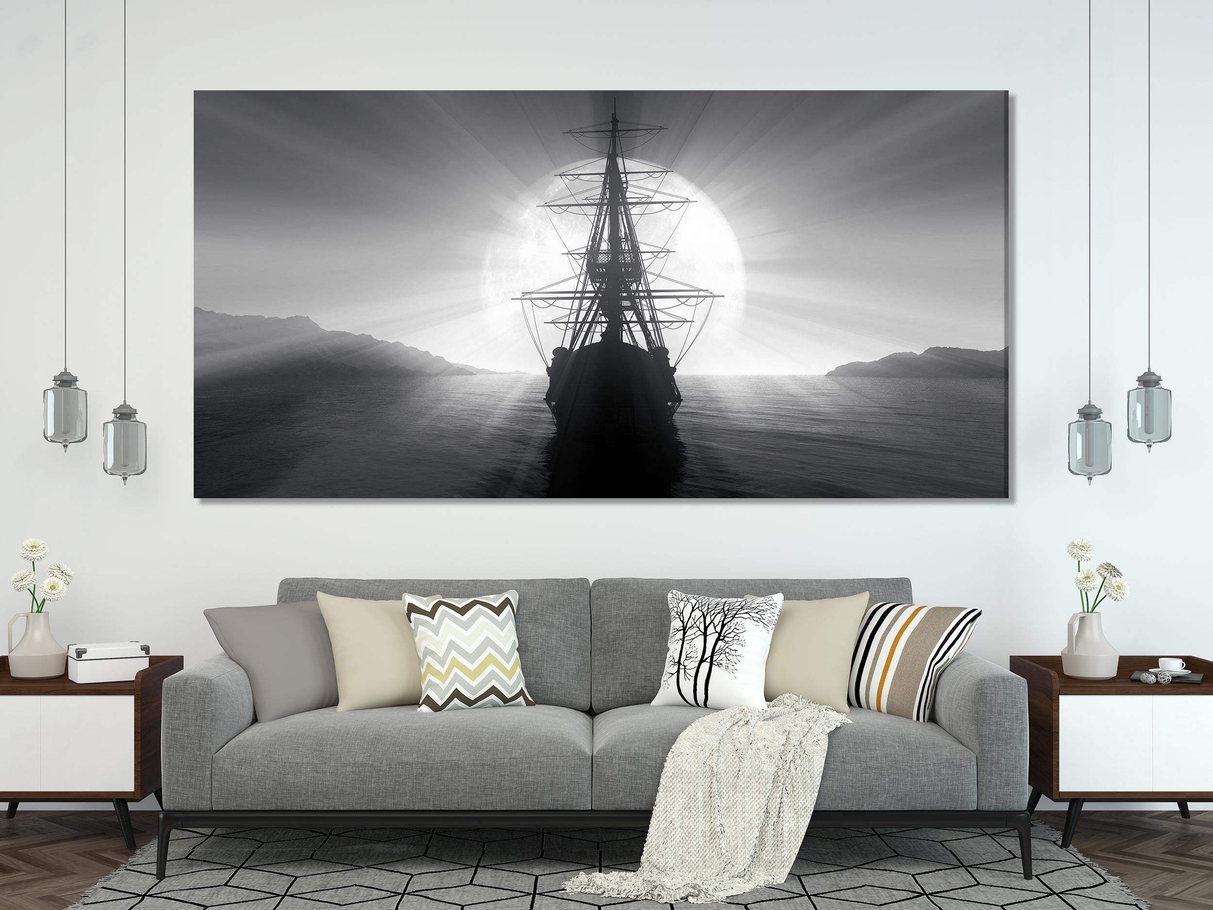 Sailing Ship Canvas Print, Black and White Nautical Wall Art, Vintage Pirate Ship Silhouette, Ocean Adventure Decor, Large Maritime Artwork