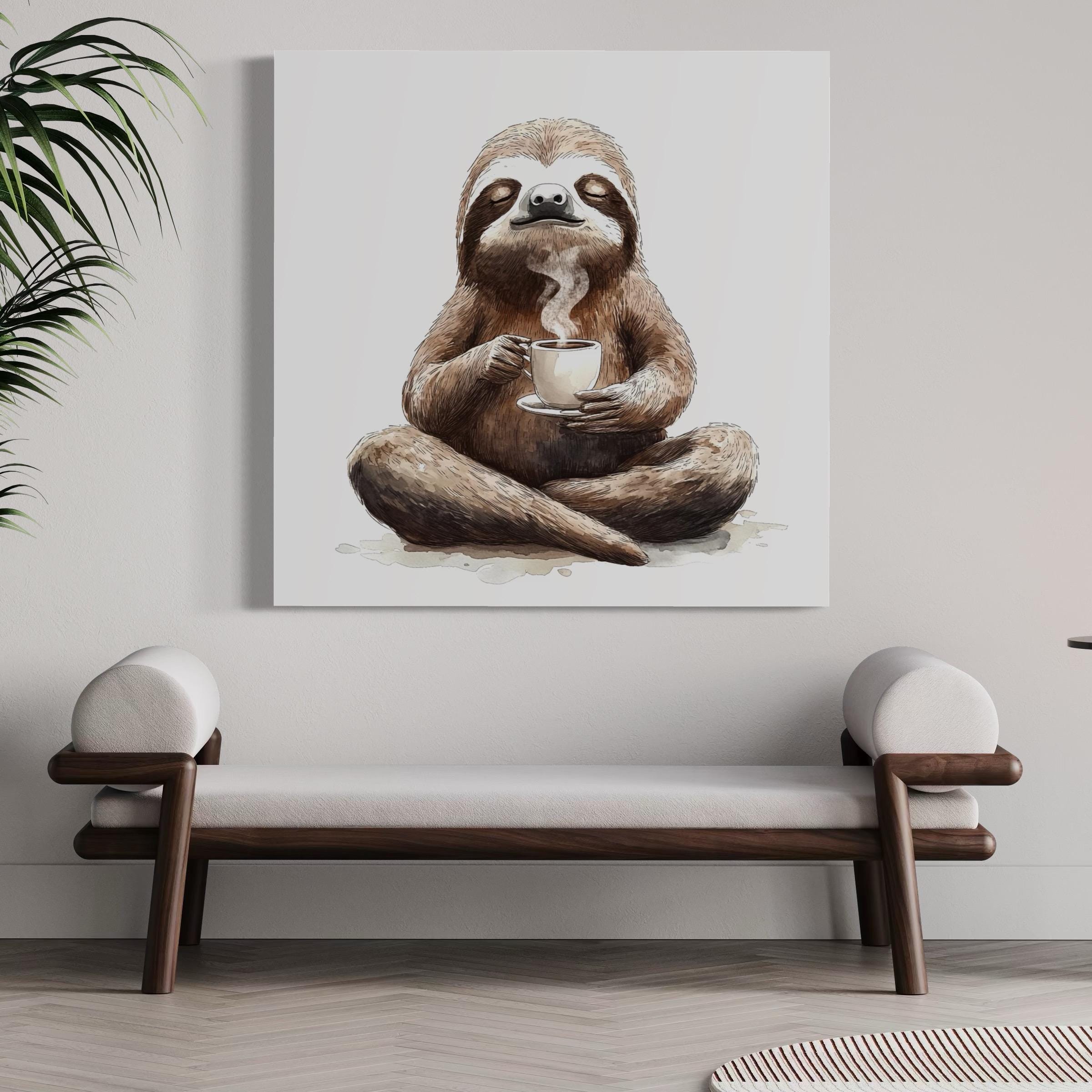 Coffee Wall Art - Sloth Canvas Art, Funny Animal Artwork, Cozy Coffee Shop Decor, Cute Sloth Art Print, Coffee Wall Art, Modern Coffee Print