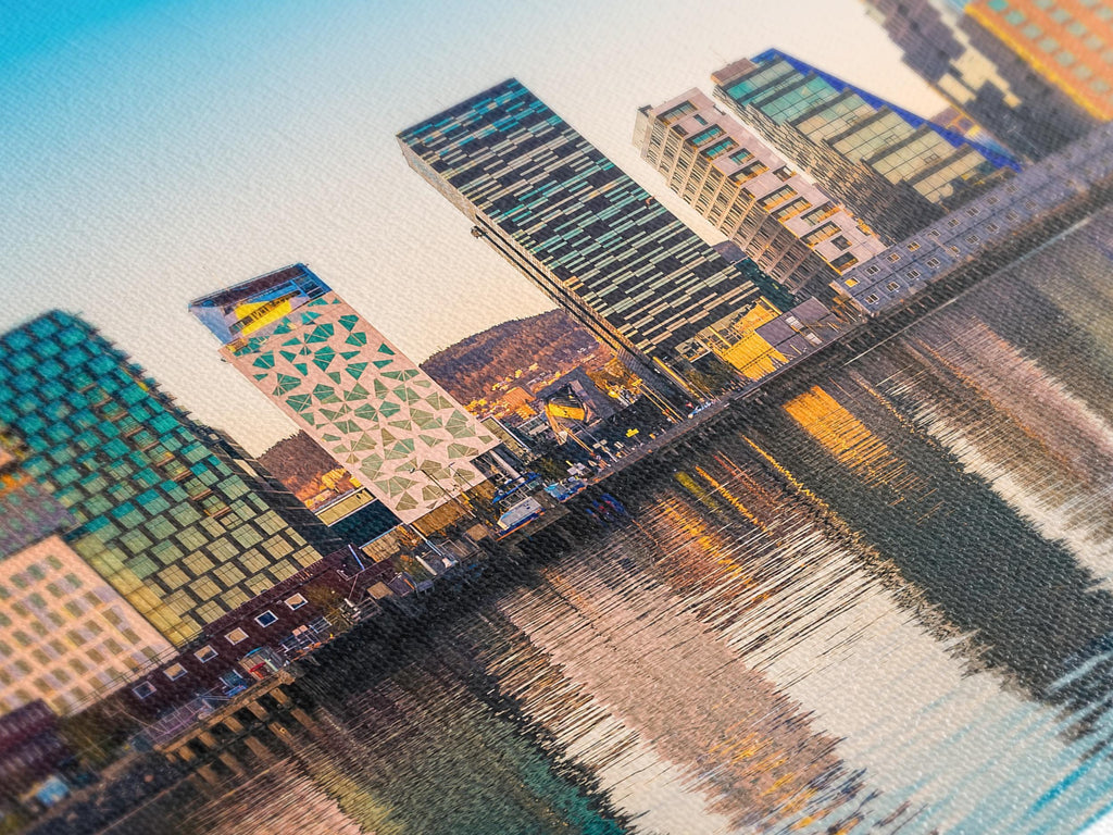 Striking architectural painting capturing a panoramic skyline framed by tranquil ripples, offering a stylish centerpiece for lovers of progressive urban design.