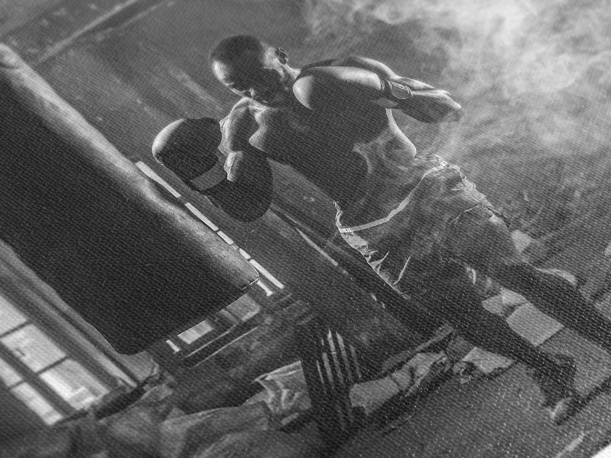 Boxing Canvas Print, Black and White Gym Art, Fighter Training Wall Decor, Intense Workout Scene, Vintage Industrial Boxing Artwork for Gym