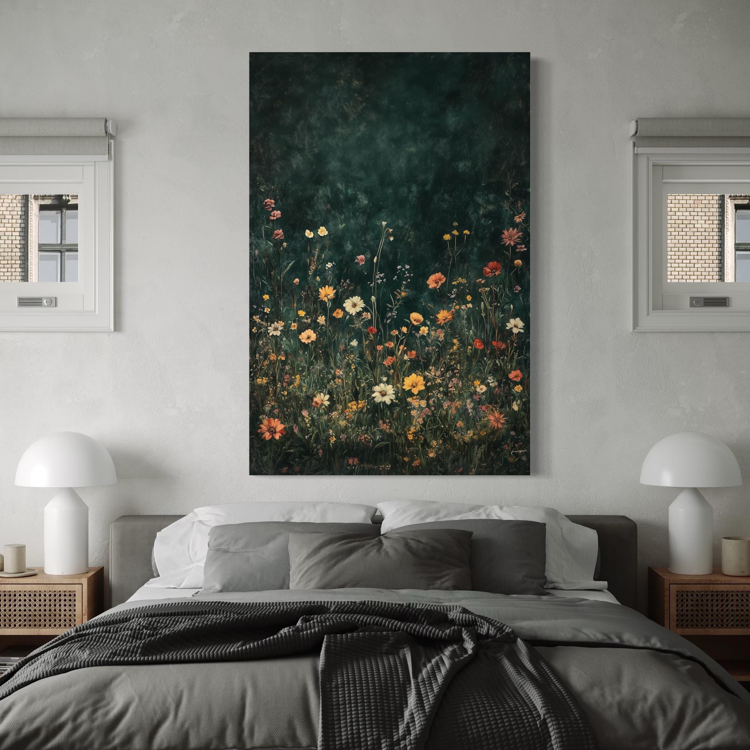 Wildflower Field Wall Art - Vintage Botanical Canvas Art, Rustic Floral Decor, Modern Farmhouse Wall Decor Field of Flowers Canvas Art Print