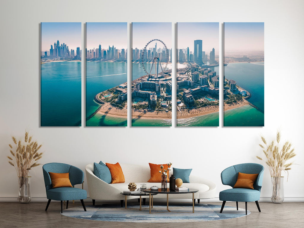 Dubai Skyline Canvas Print, Large Cityscape Wall Art, Aerial View of Bluewaters Island and Ain Dubai, Extra Large Modern Architecture Decor