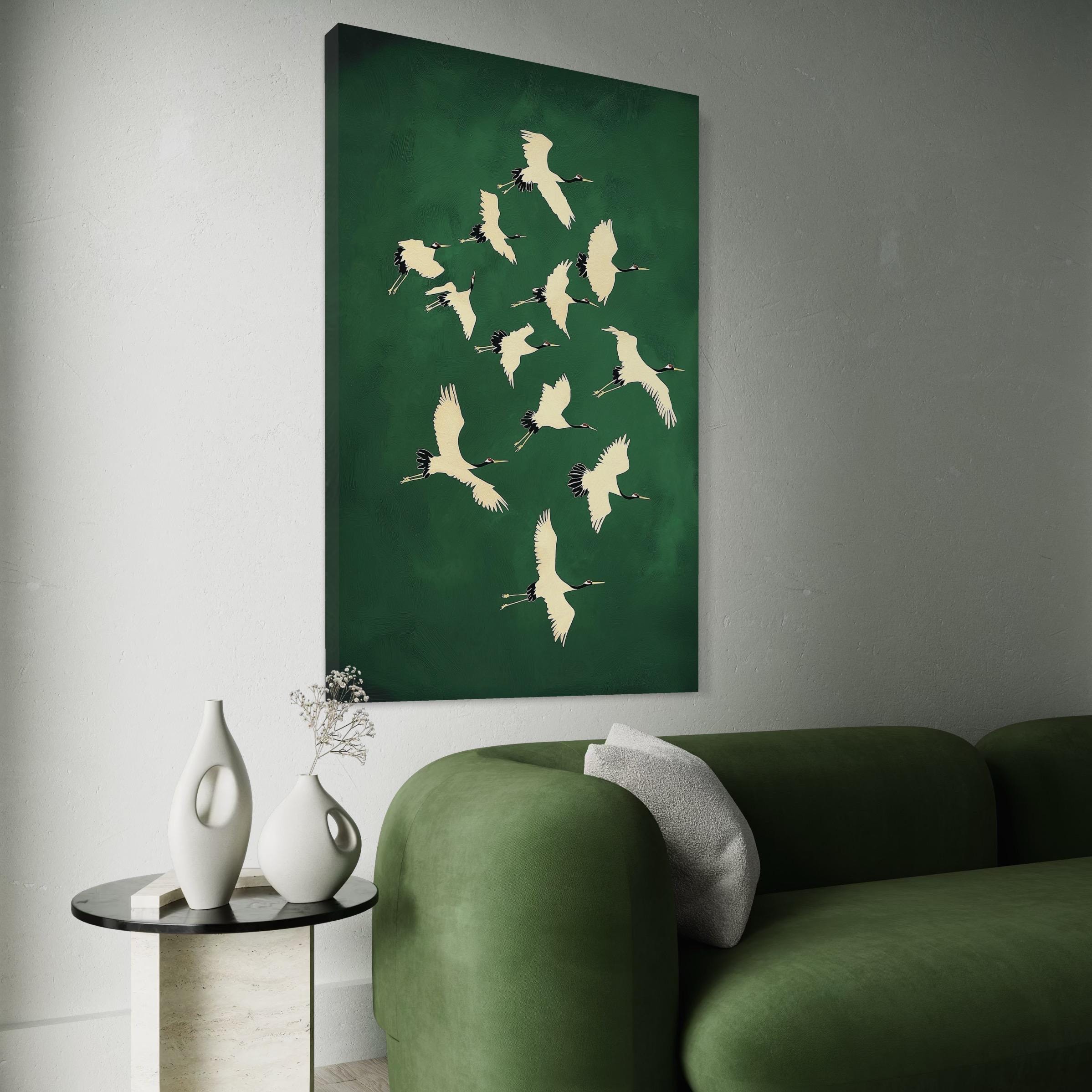 Green and Gold Japanese Wall Art Cranes Japanese Print Emerald Green Decor Birds Maximalist Wall Art Eclectic Decor Large Wall Art