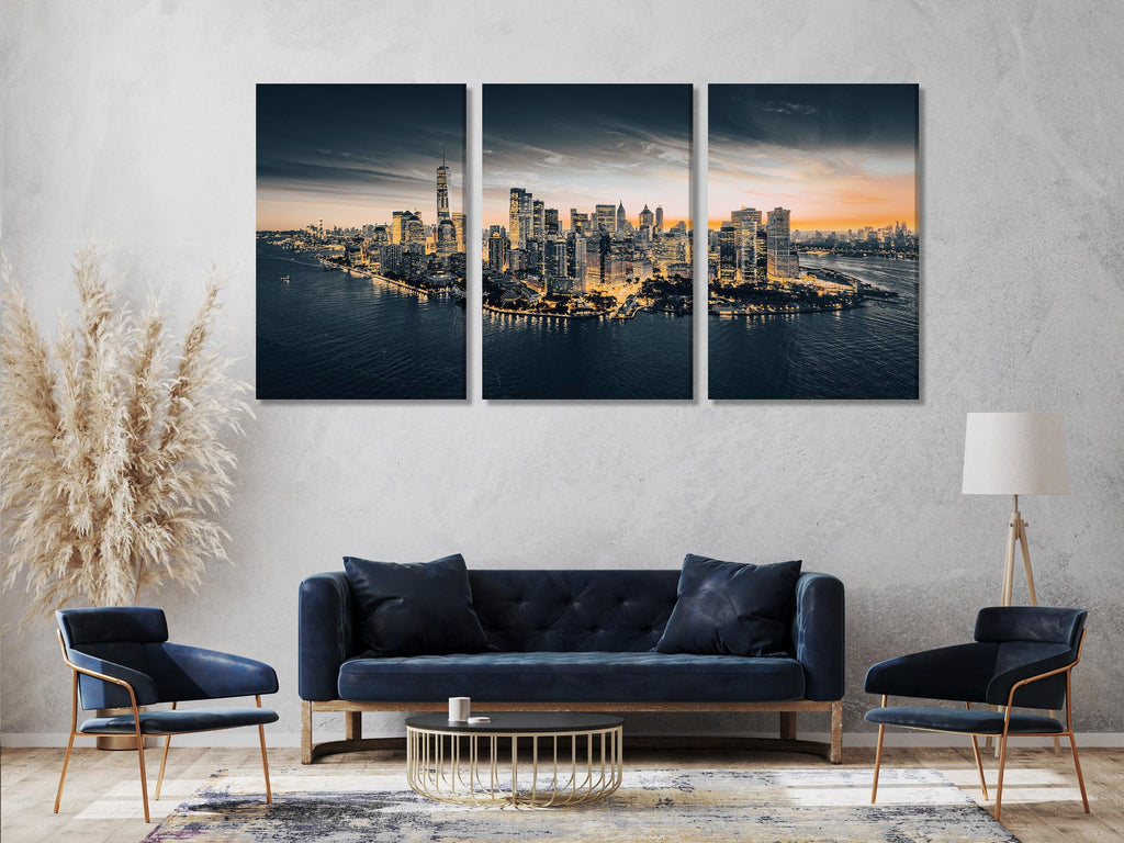 Manhattan Skyline Canvas Wall Art – Dusk Over New York City, Large Urban Landscape Canvas Print for Modern Home or Office Wall Decor