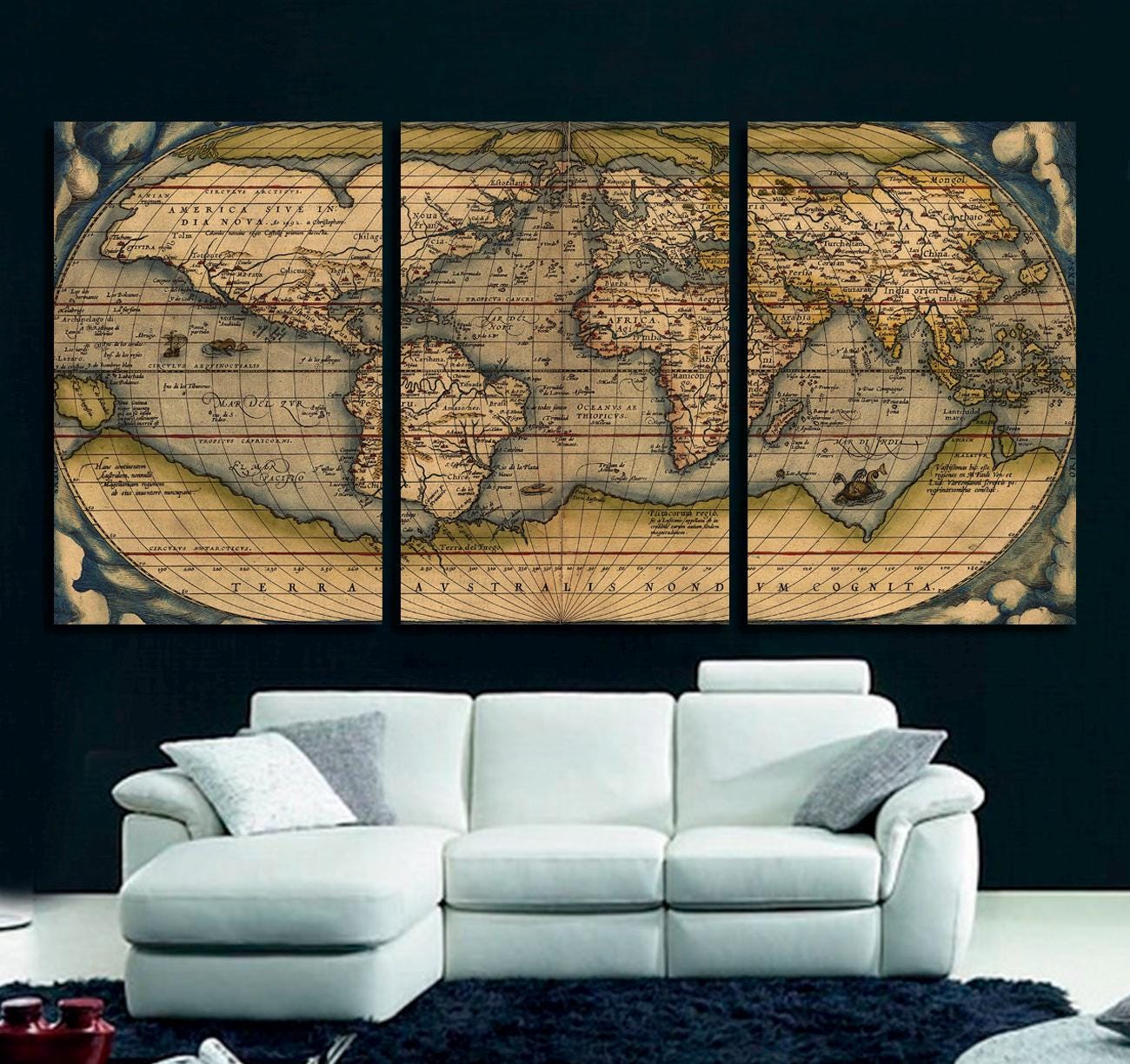 Mappa del mondo vintage da parete - Decorazione da parete rustica per ufficio, stampa su tela con mappa del mondo, decorazione da parete extra large per casa e ufficio