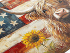 Highland Cow Wall Art - Rustic Art Farmhouse Decor, American Flag Canvas Art, Highland Cow Art Print, American Wall Decor, Large Cow Artwork