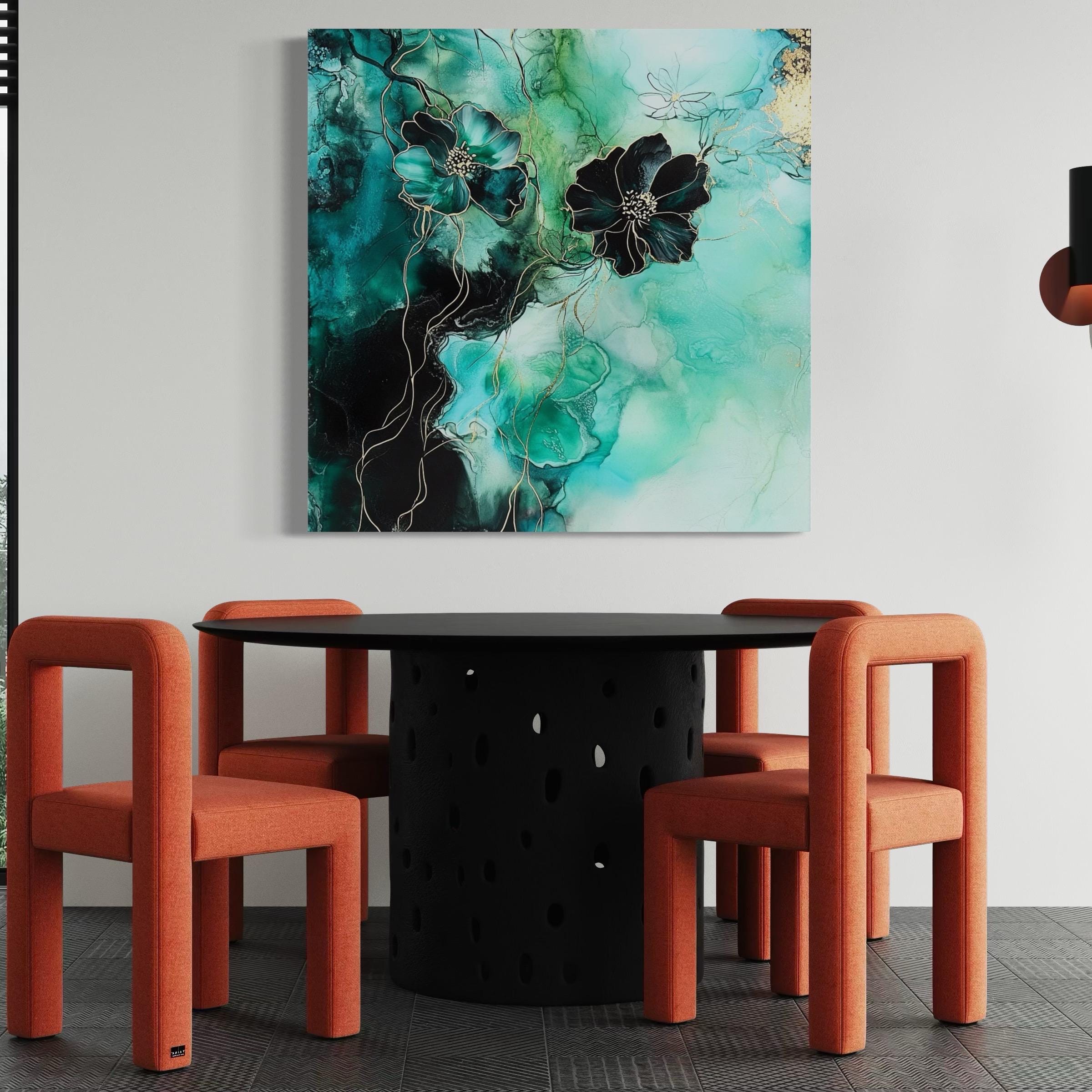 Teal Florale Wandkunst - Abstrakte Leinwandkunst, grünes und schwarzes Blumengemälde, goldene Akzente, botanischer Kunstdruck, naturinspiriertes Wanddekor