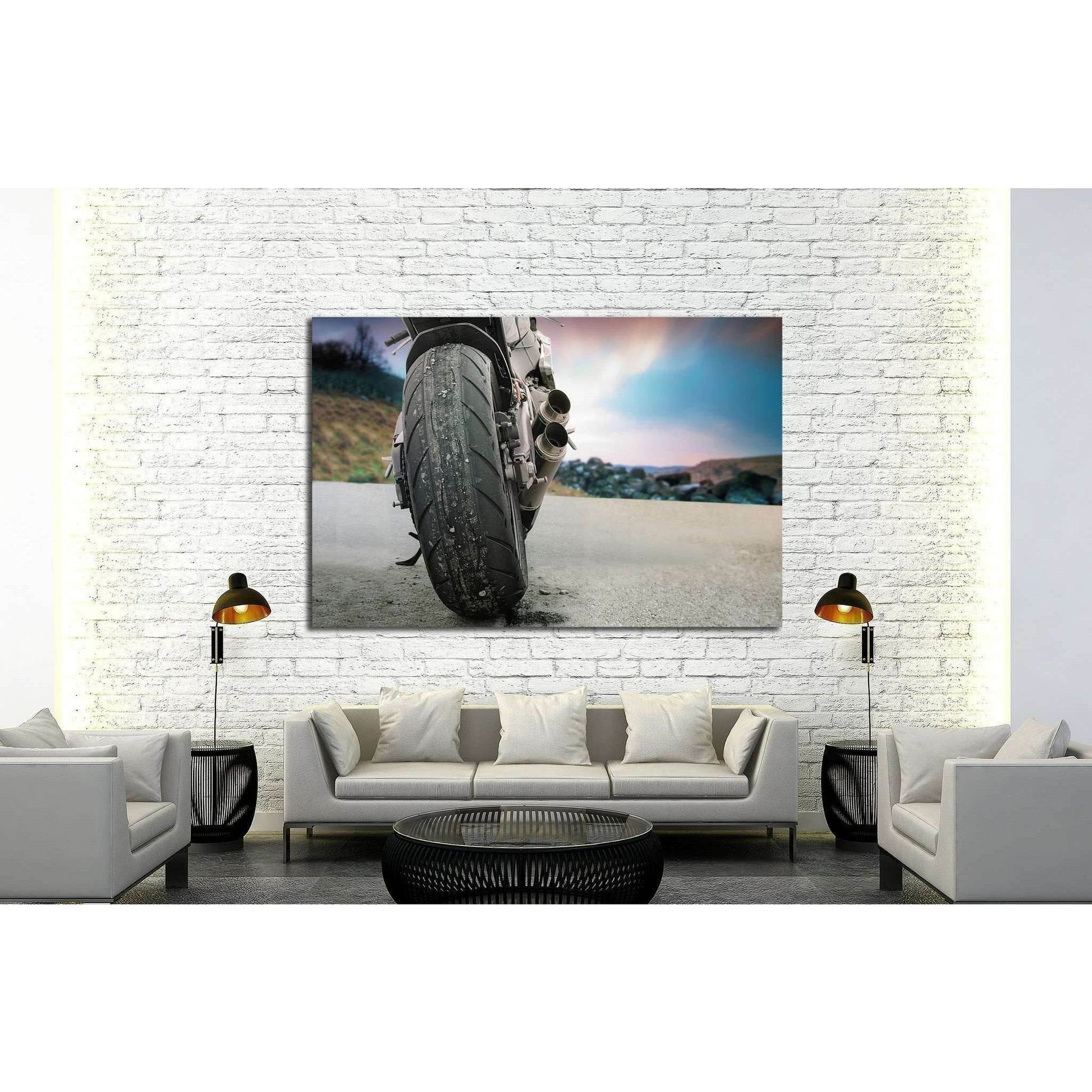 Back view of a motorbike with scenic landscape №1877 Ready to Hang Canvas PrintCanvas art arrives ready to hang, with hanging accessories included and no additional framing required. Every canvas print is hand-crafted, made on-demand at our workshop and e