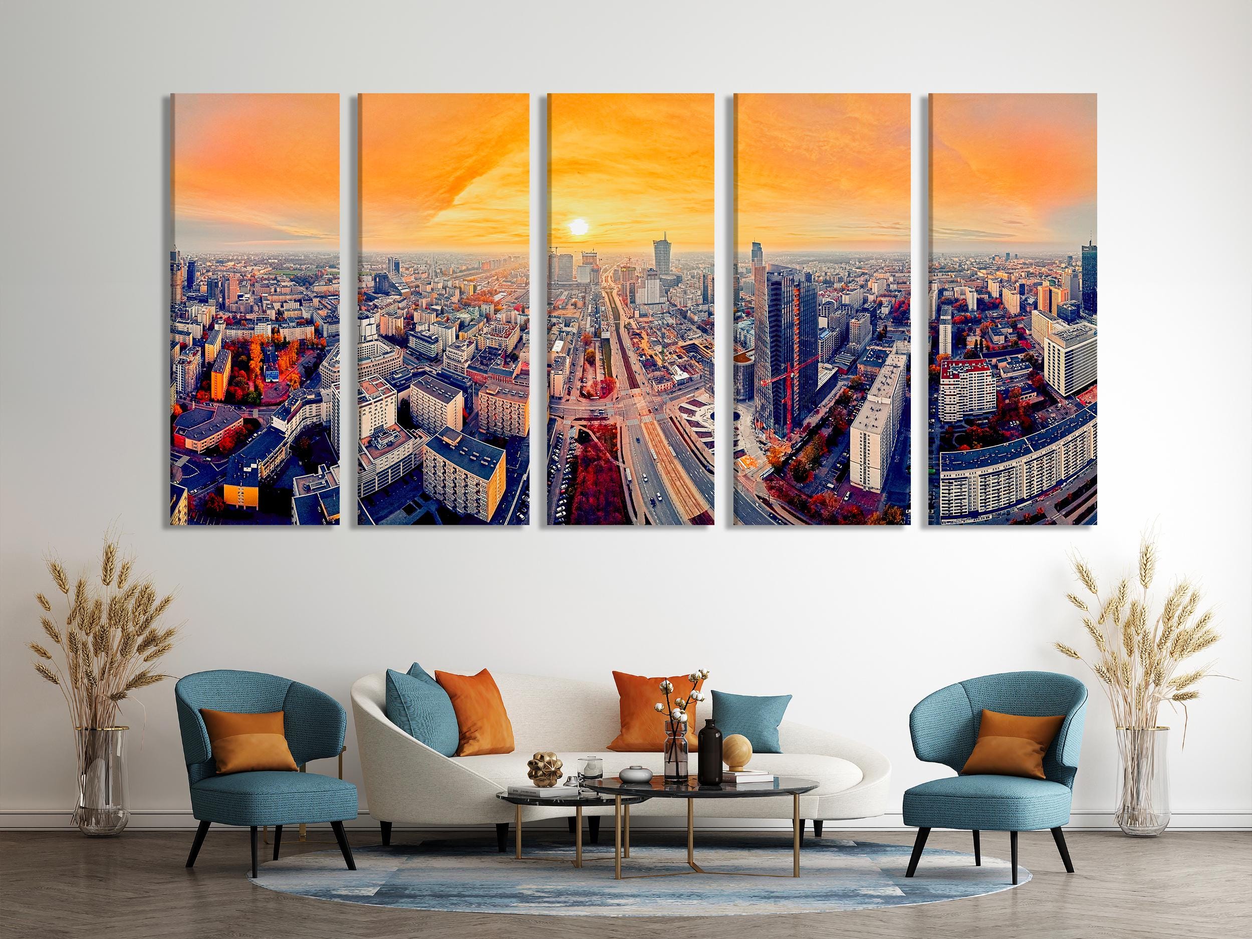 Warsaw Cityscape Canvas Print Warsaw Skyline Modern Wall Art Sunset Panorama of Warsaw Print Mennica Legacy Tower Large Poliand City Decor