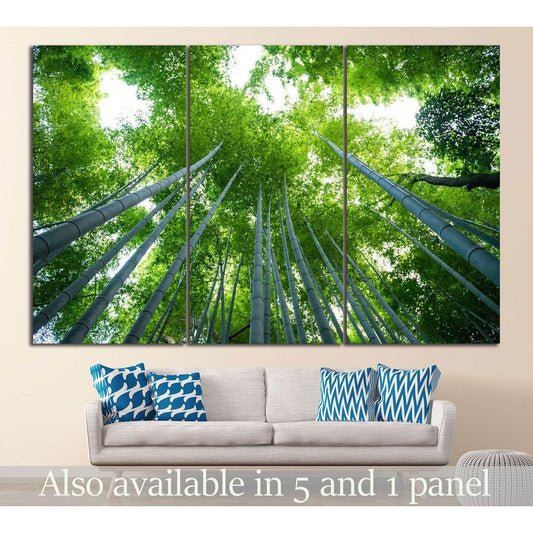 Towering Bamboo Forest Canvas Print for Zen-Inspired InteriorsThis canvas print beautifully captures the towering elegance of a bamboo forest, with the trees reaching skyward in a display of natural symmetry. The lush greenery invites a sense of growth an