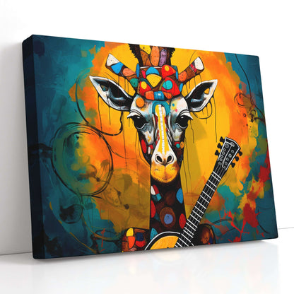 Banjo-Playing Giraffe in a Whirl of Colorful Splashes - Canvas Print - Artoholica Ready to Hang Canvas Print