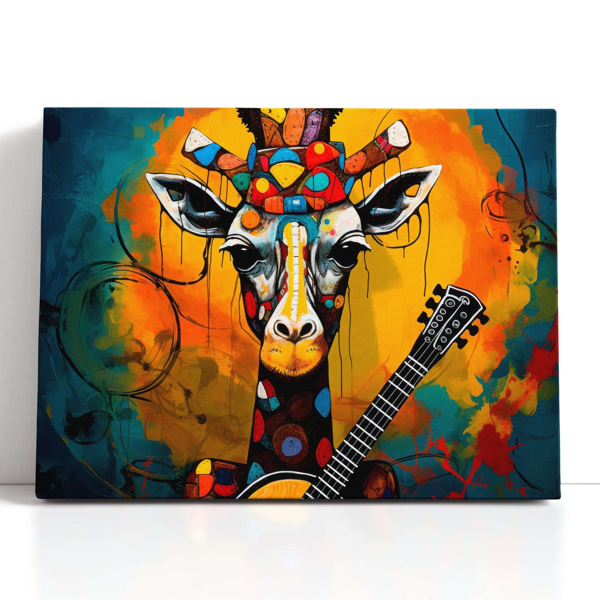 Banjo-Playing Giraffe in a Whirl of Colorful Splashes - Canvas Print - Artoholica Ready to Hang Canvas Print