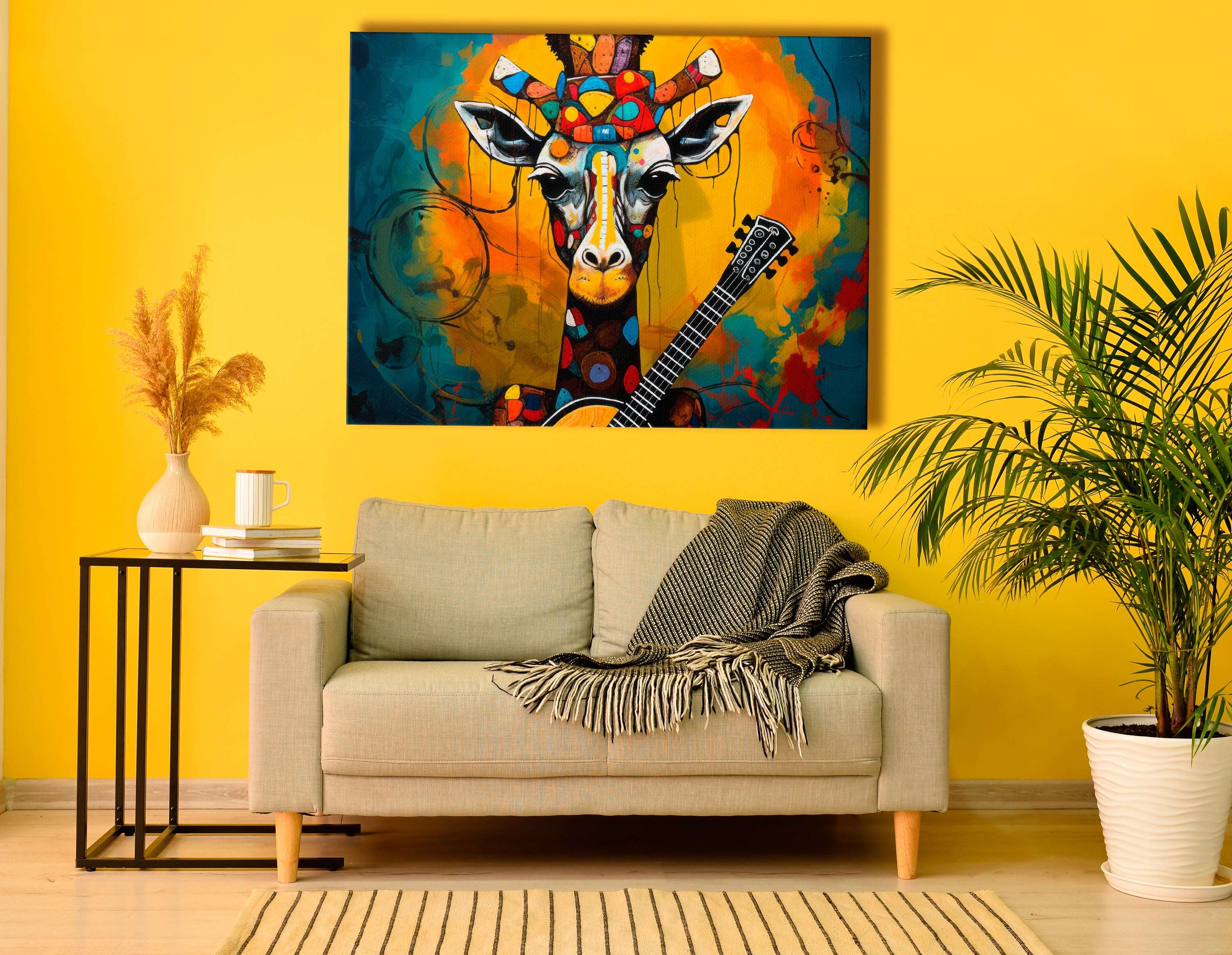 Banjo-Playing Giraffe in a Whirl of Colorful Splashes - Canvas Print - Artoholica Ready to Hang Canvas Print
