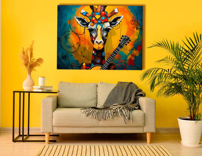 Banjo-Playing Giraffe in a Whirl of Colorful Splashes - Canvas Print - Artoholica Ready to Hang Canvas Print