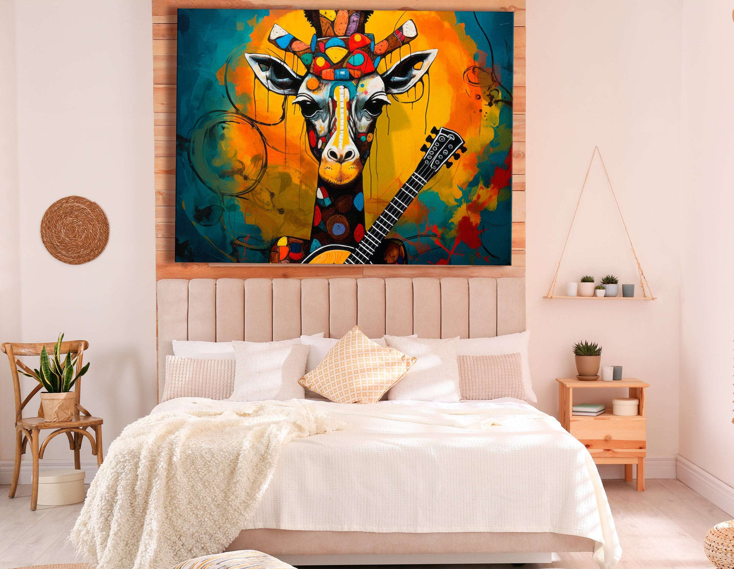 Banjo-Playing Giraffe in a Whirl of Colorful Splashes - Canvas Print - Artoholica Ready to Hang Canvas Print