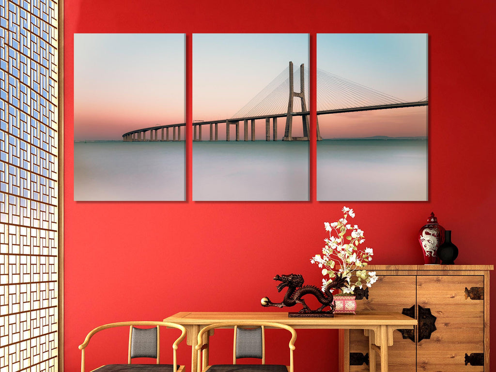 Vasco da Gama Bridge Canvas Print, Large Lisbon Wall Art, Minimalist Sunset Landscape, Modern European Architecture Artwork, Coastal Canvas
