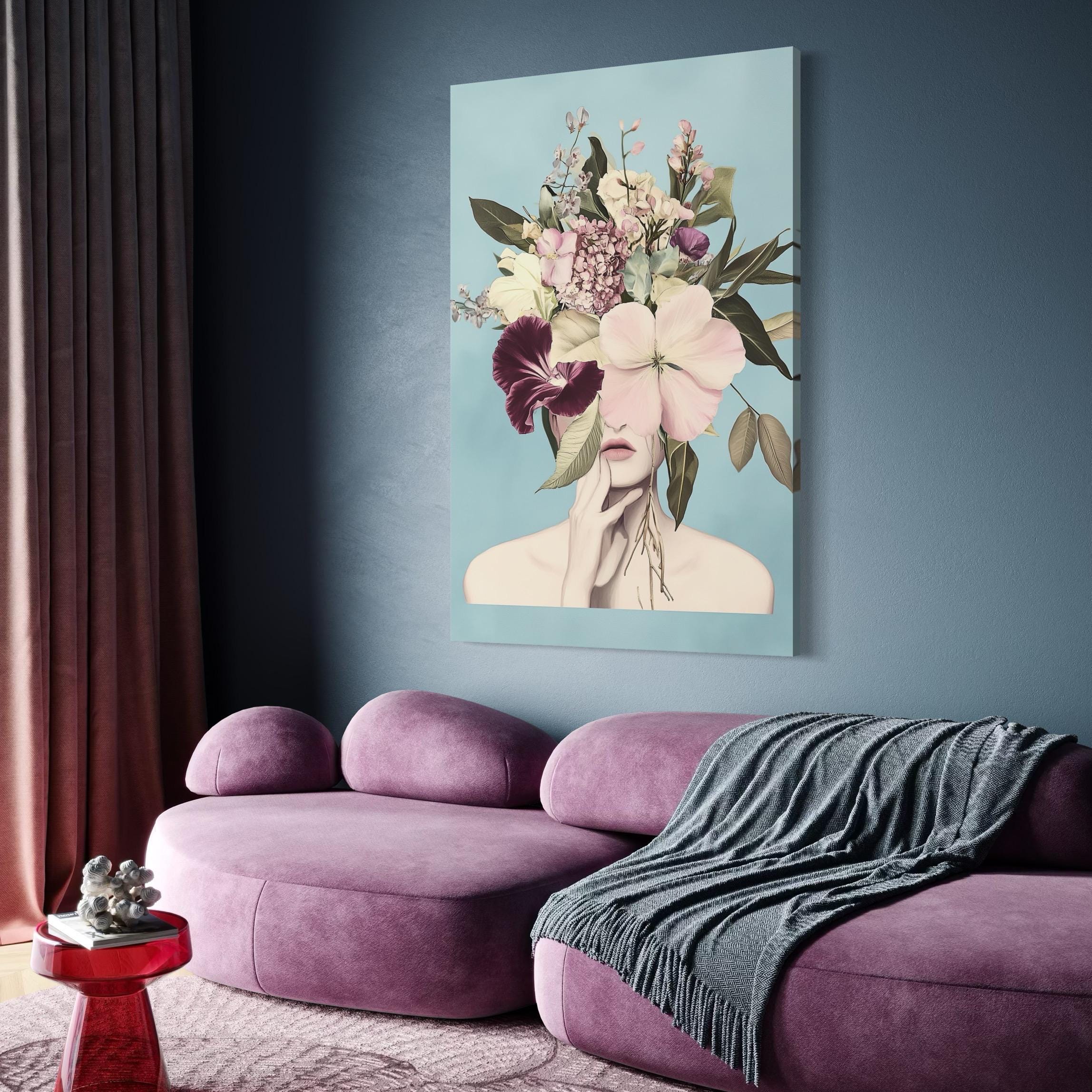 Delicate portrait-style canvas print highlighting a woman crowned with vibrant petals, perfect for adding a whimsical touch to modern artwork collections.