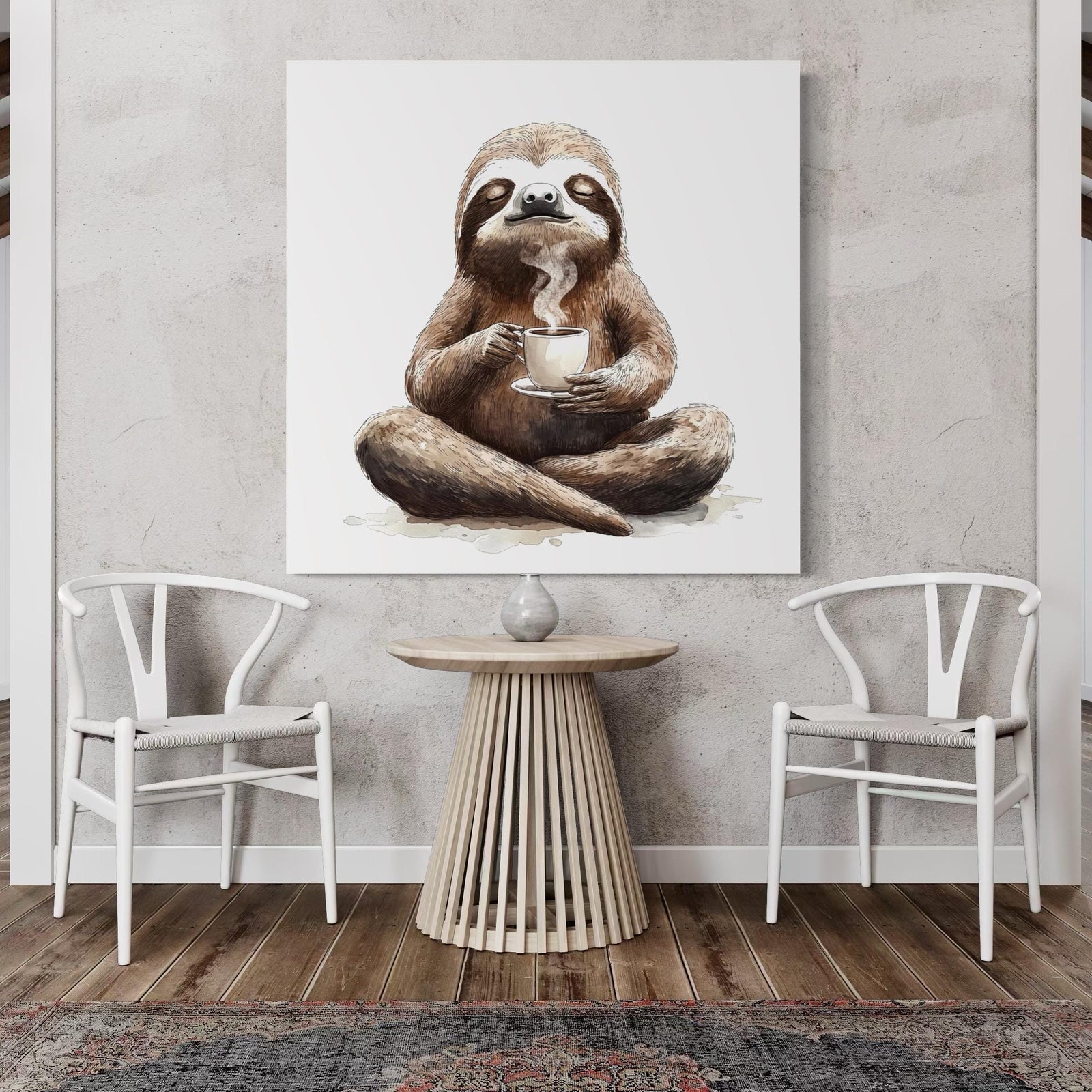Sloth Coffee Wall Art Cute sloth coffee wall art—relaxed animal holding a steaming cup