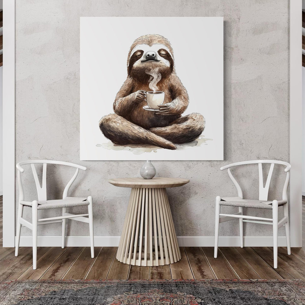 Coffee Wall Art - Sloth Canvas Art, Funny Animal Artwork, Cozy Coffee Shop Decor, Cute Sloth Art Print, Coffee Wall Art, Modern Coffee Print