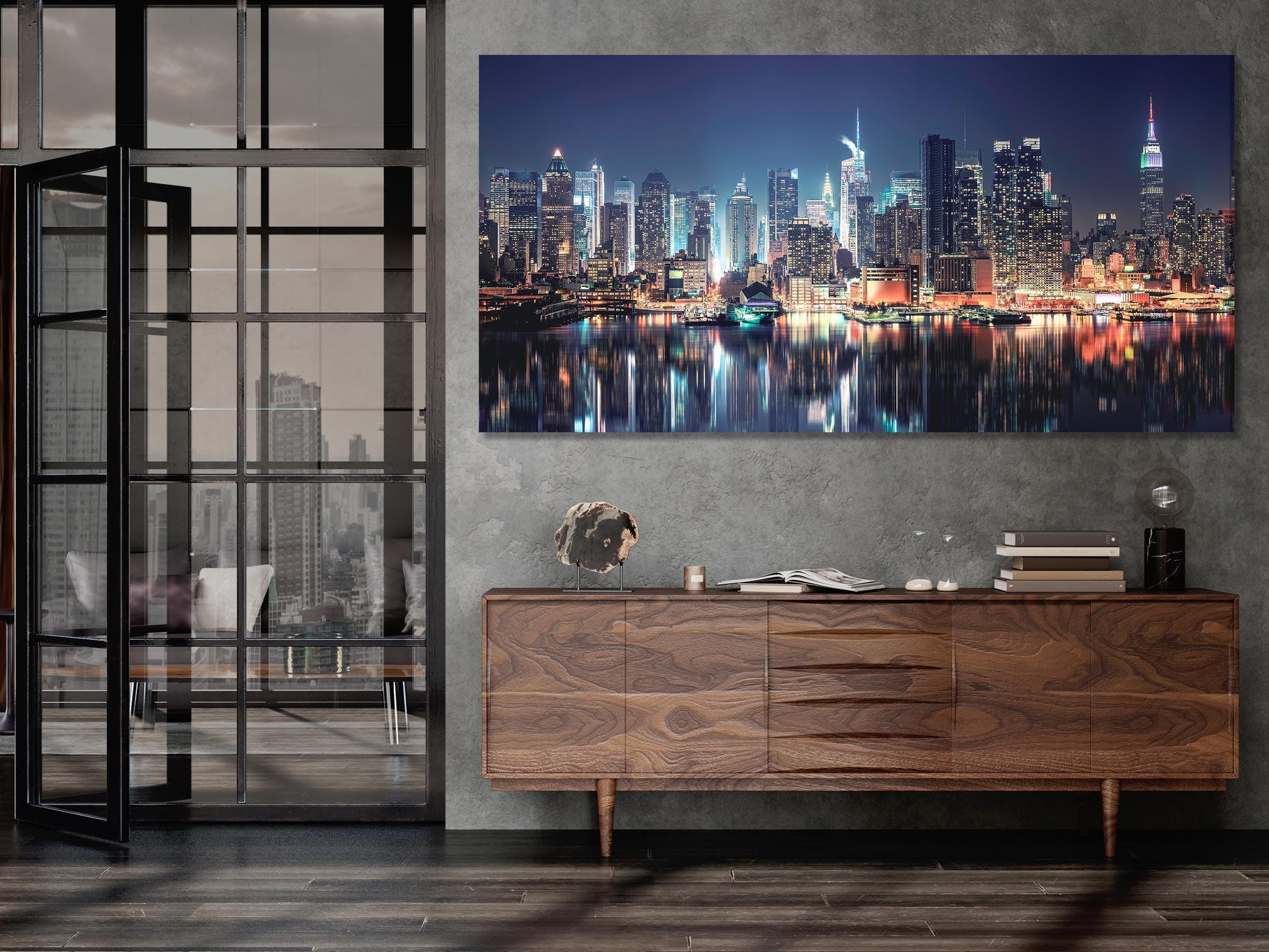 New York City Skyline Canvas Print, Manhattan Nightscape Wall Art, Large Urban Landscape, NYC Skyscrapers Night Artwork, Modern Office Decor