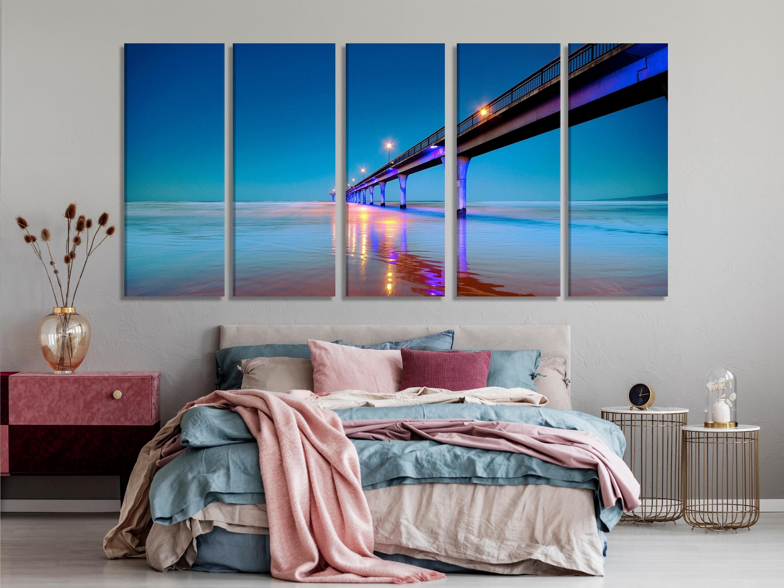New Brighton Art Pier Canvas Print Large Coastal Wall Art Night Ocean View Artwork Modern New Zealand Beach Art Print Coastal Bedroom Decor