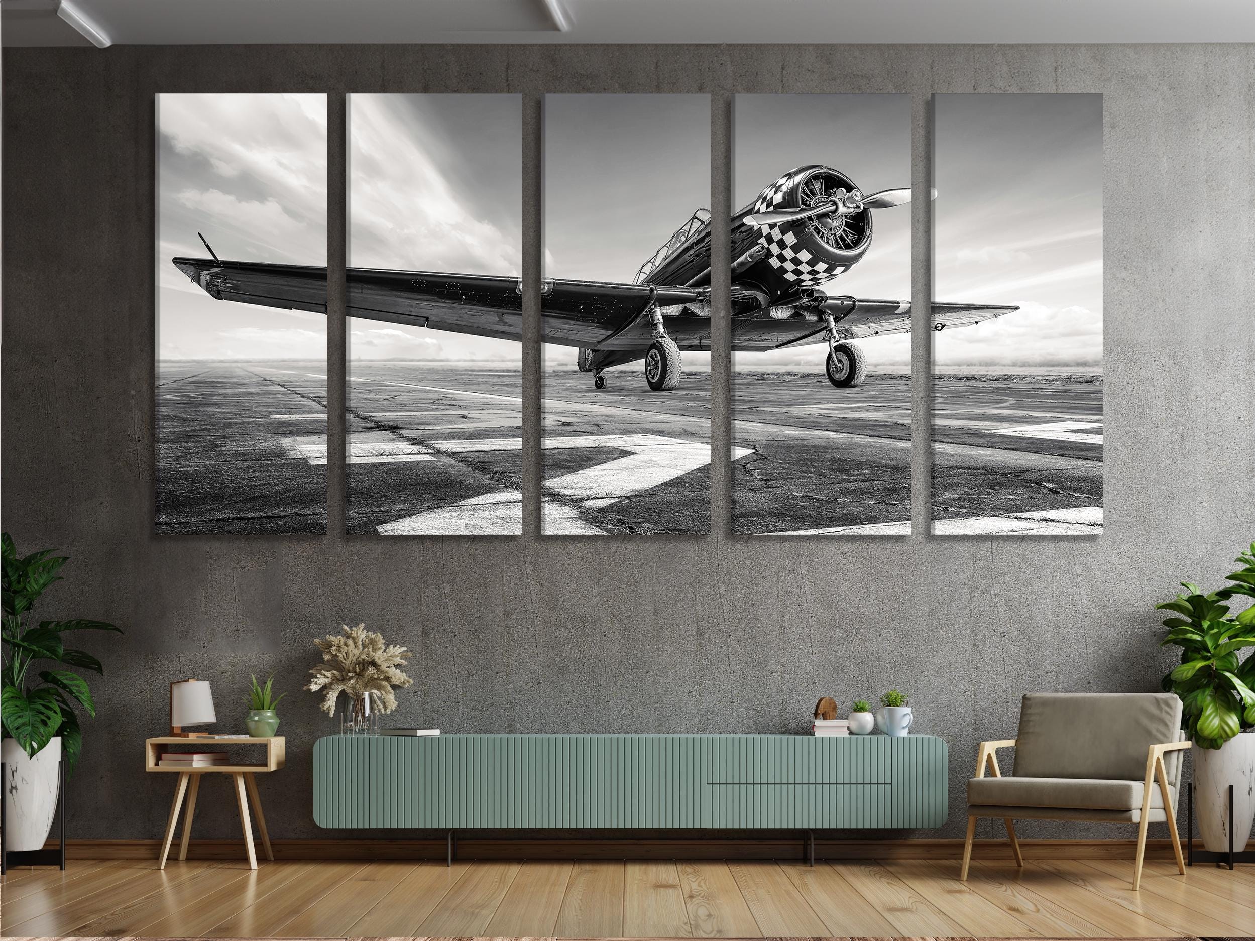 Vintage Airplane Canvas Print, Black and White Aviation Wall Art, Retro Aircraft Decor, Large Runway Scene, Modern Industrial Art for Office