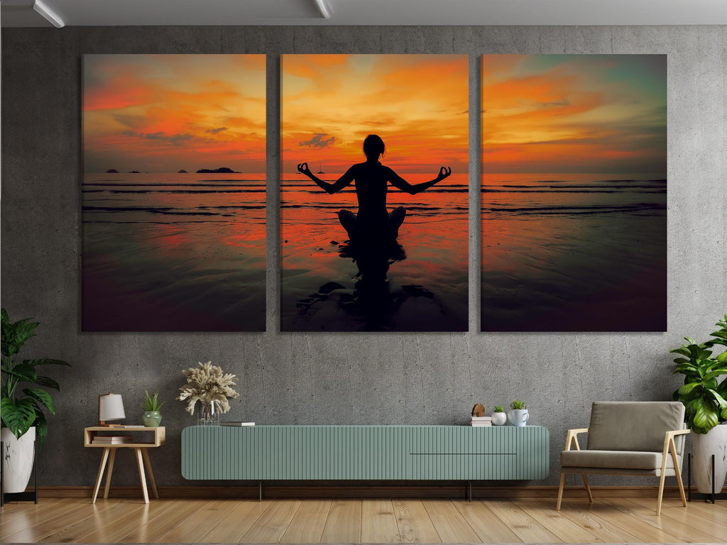 Yoga Meditation Sunset Canvas Print, Large Zen Wall Art, Peaceful Beach Silhouette Artwork, Modern Mindfulness Art Print, Calm Wall Decor