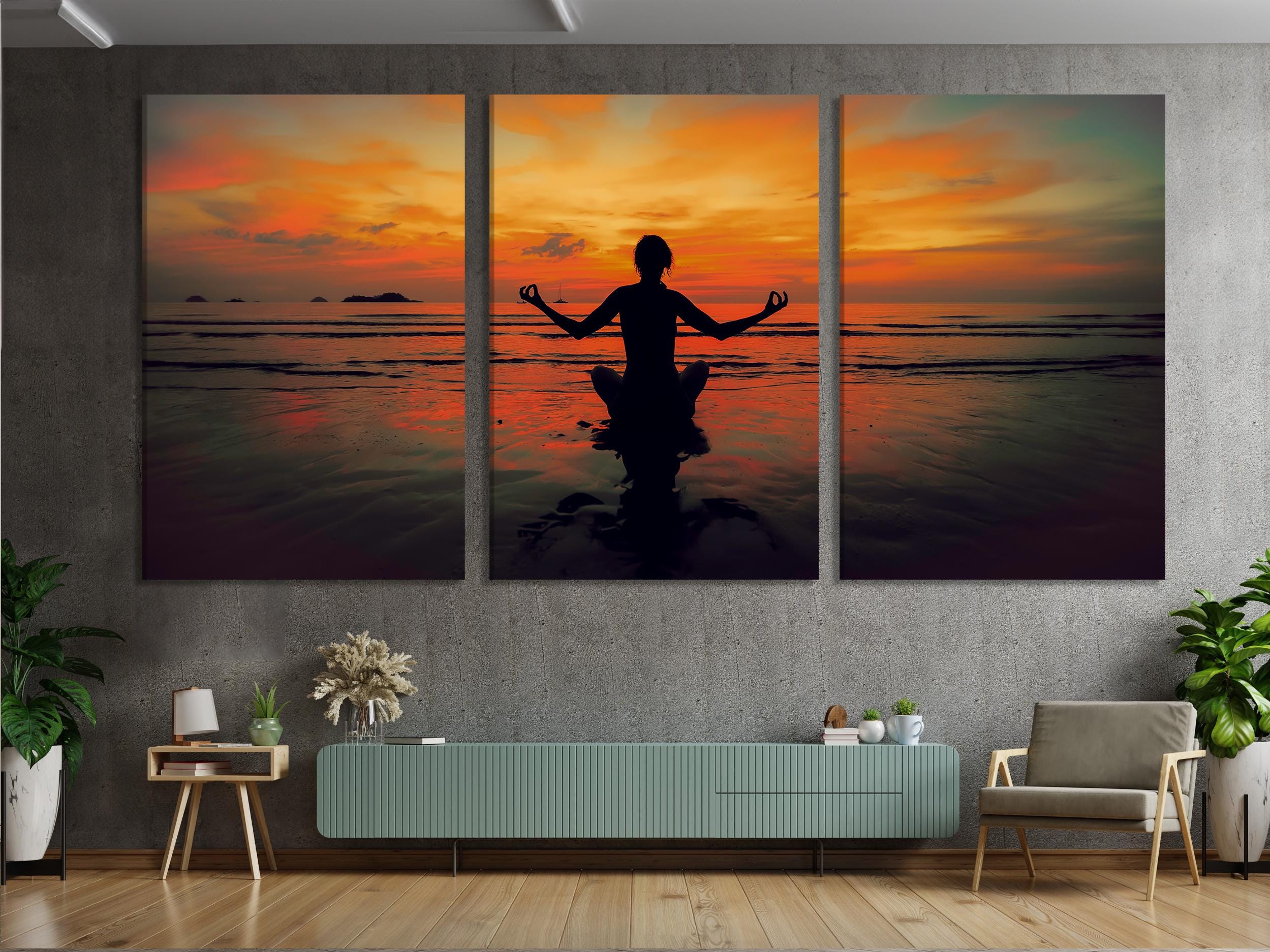 Yoga Meditation Sunset Canvas Print, Large Zen Wall Art, Peaceful Beach Silhouette Artwork, Modern Mindfulness Art Print, Calm Wall Decor