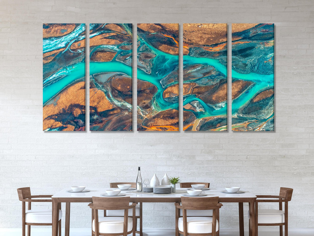 Abstract Landscape Wall Art - Iceland River Aerial Canvas Print, Large 5 Panel River Artwork, Turquoise Water Flow, Earth Tones Nature Decor
