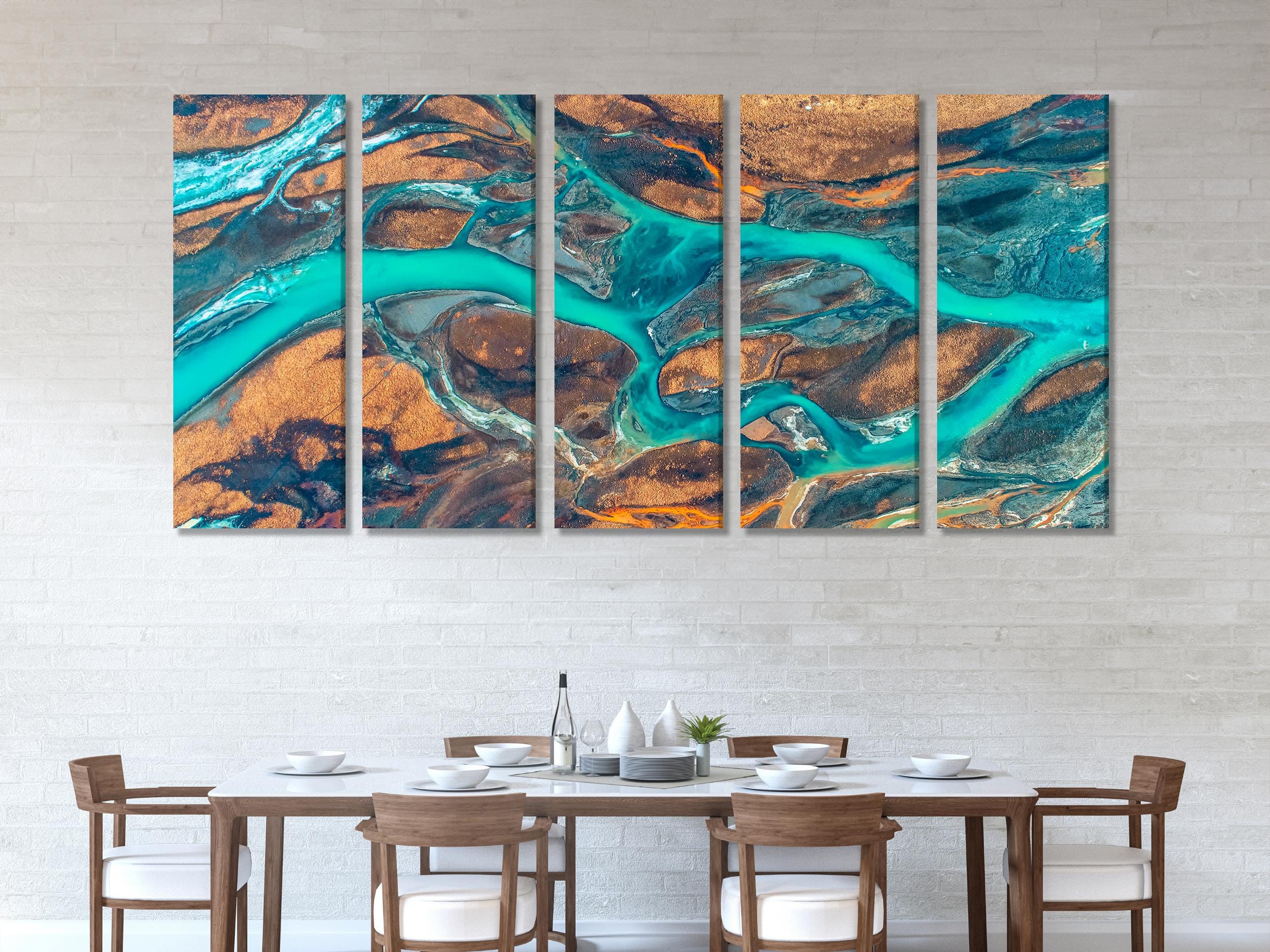 Abstract Landscape Wall Art - Iceland River Aerial Canvas Print, Large 5 Panel River Artwork, Turquoise Water Flow, Earth Tones Nature Decor