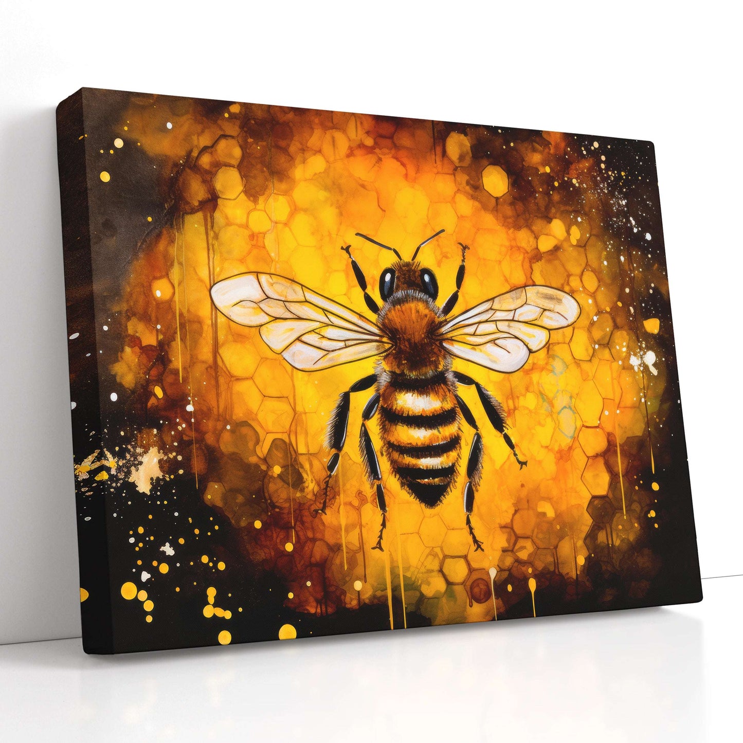 Bee with Honeycombs on Black Background - Canvas Print - Artoholica Ready to Hang Canvas Print