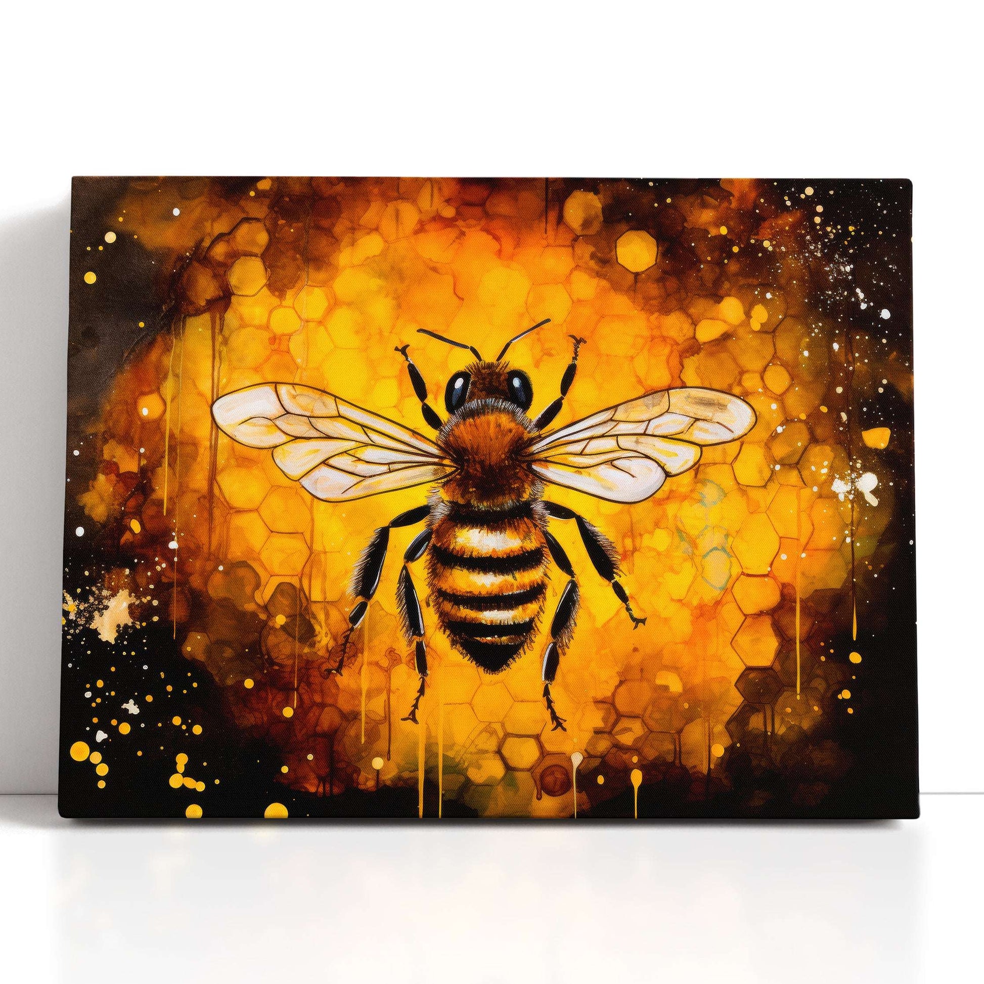 Bee with Honeycombs on Black Background - Canvas Print - Artoholica Ready to Hang Canvas Print