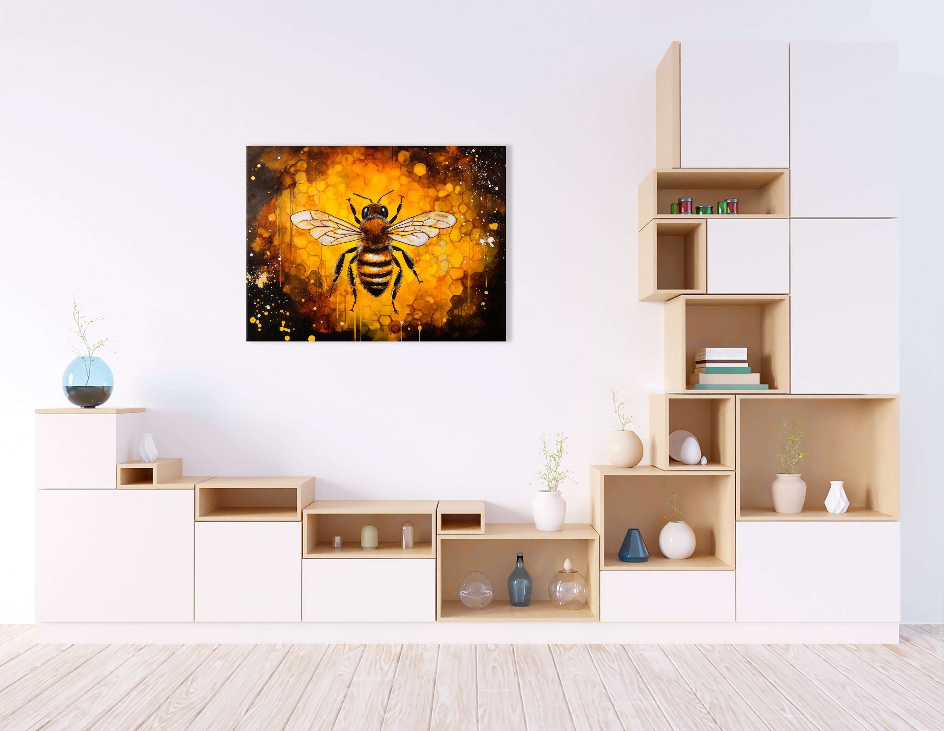 Bee with Honeycombs on Black Background - Canvas Print - Artoholica Ready to Hang Canvas Print
