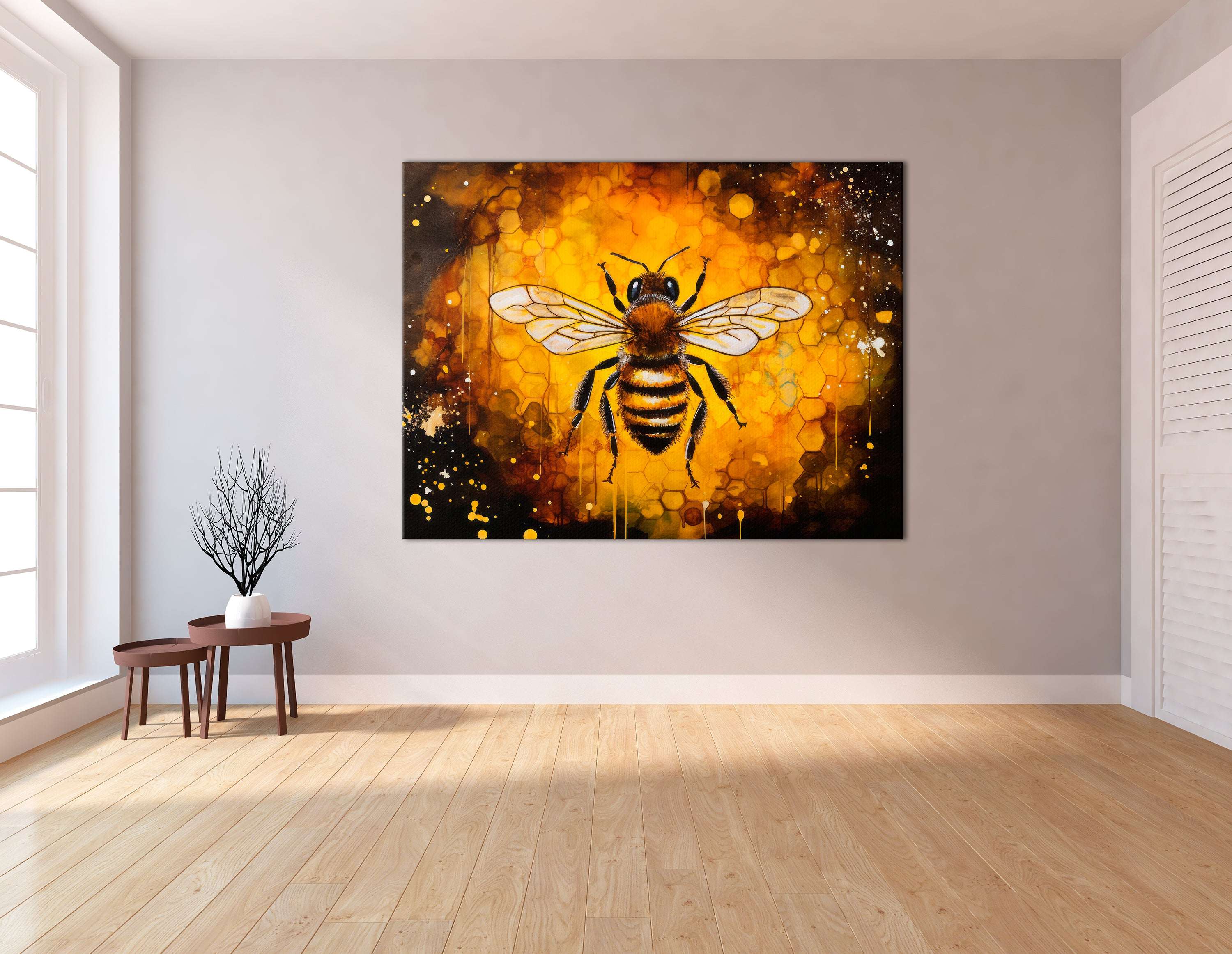 Bee with Honeycombs on Black Background - Canvas Print - Artoholica Ready to Hang Canvas Print