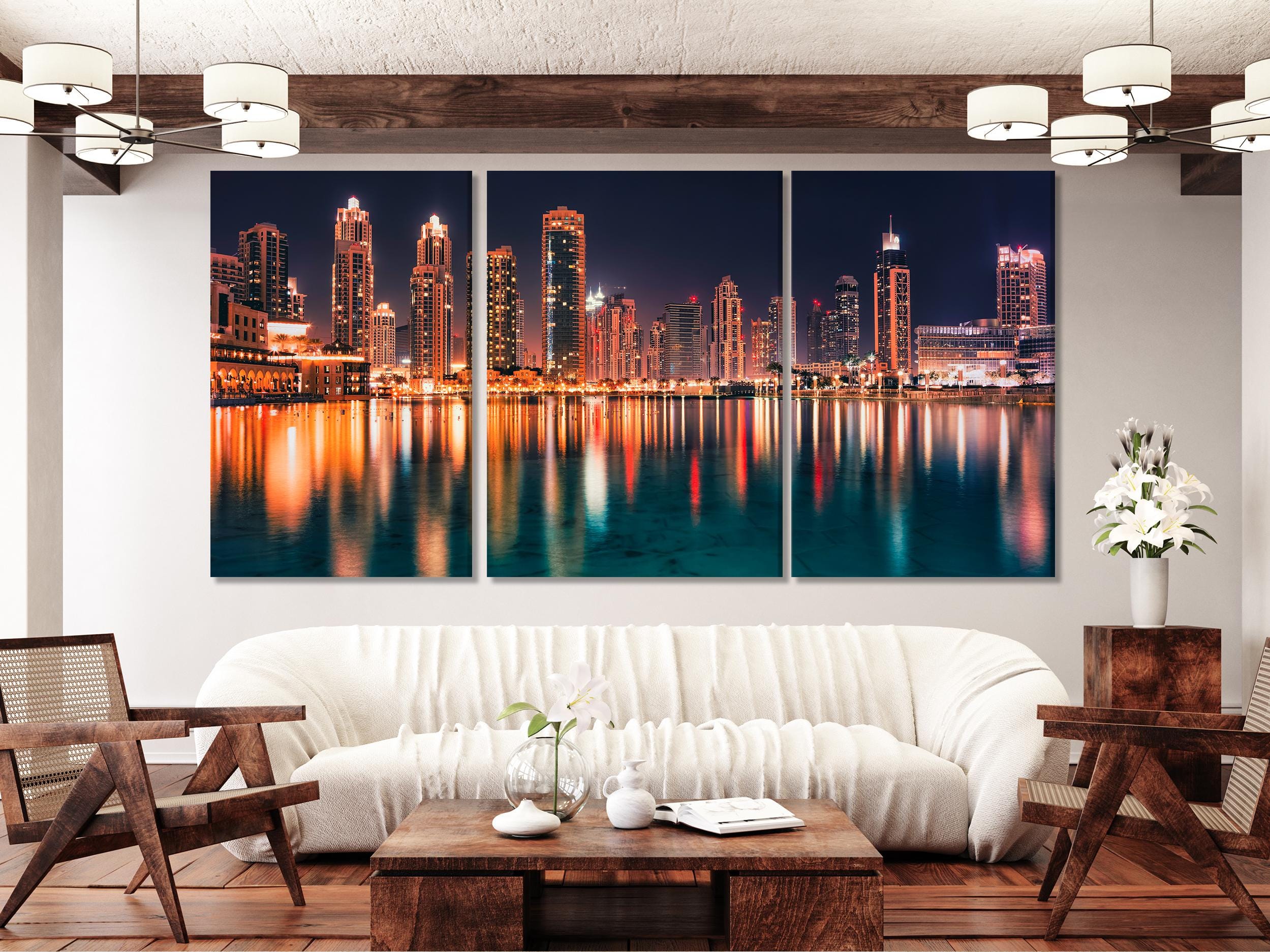 Dubai Skyline Wall Art Night Cityscape Canvas Print Dubai City Lights Wall Decor Modern Urban Artwork Triptych Canvas Living Room Art