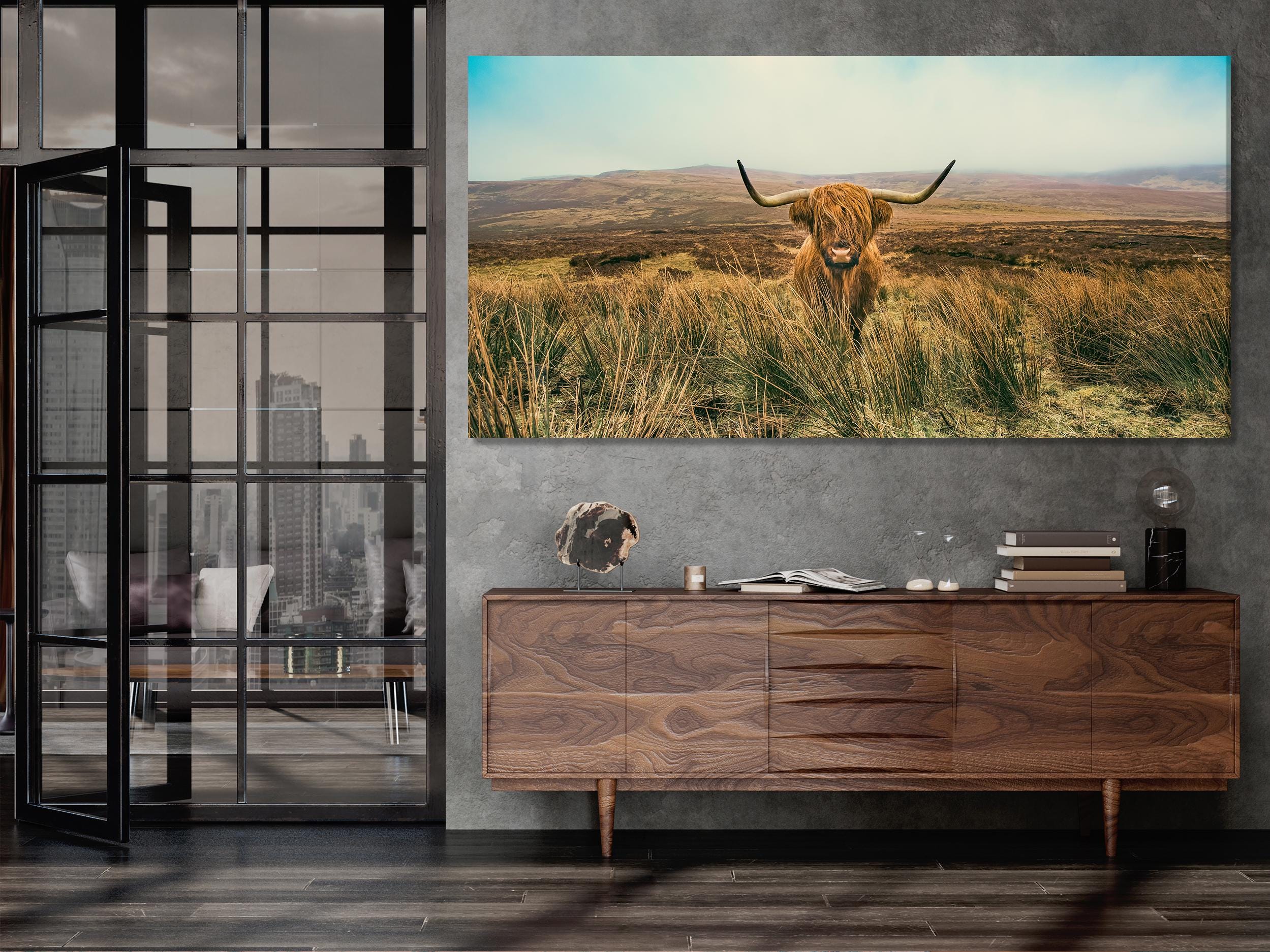 Hooglandervee wanddecoratie - Rustieke boerderijdecoratie, harige koe, extra groot canvas, landelijke huisdecoratie, boerderijdecoratie, koeienwanddecoratie