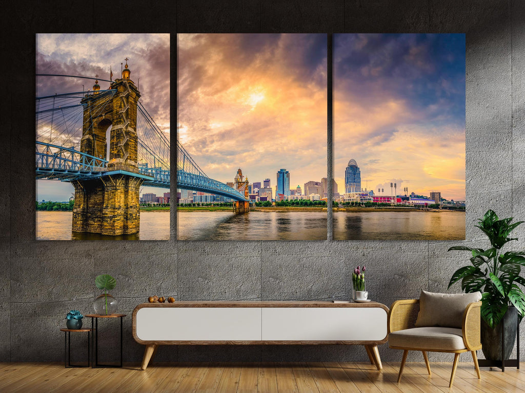 Covington Cityscape Wall Art - John A. Roebling Bridge Canvas Print, Ohio River Art Print, Modern Urban Cincinnati Wall Art for Wall Decor