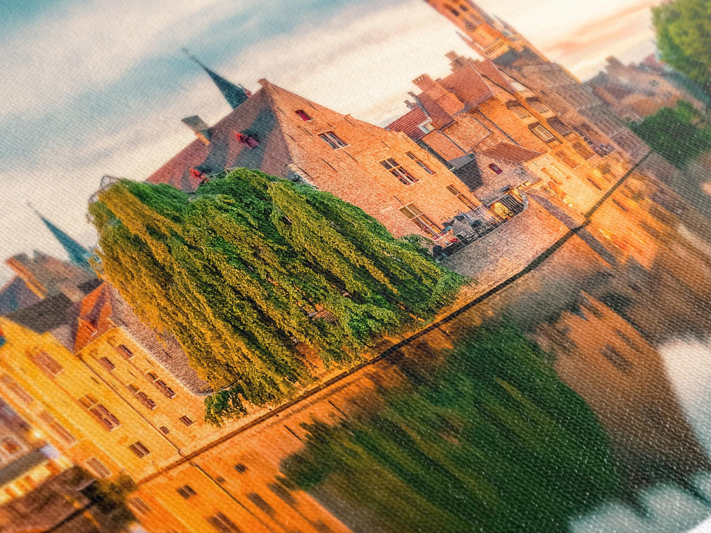 Paesaggio urbano di Bruges - Stampa su tela del Belgio, grande opera d'arte di architettura europea, fotografia del tramonto di Bruges, opera d'arte extra large ispirata ai viaggi