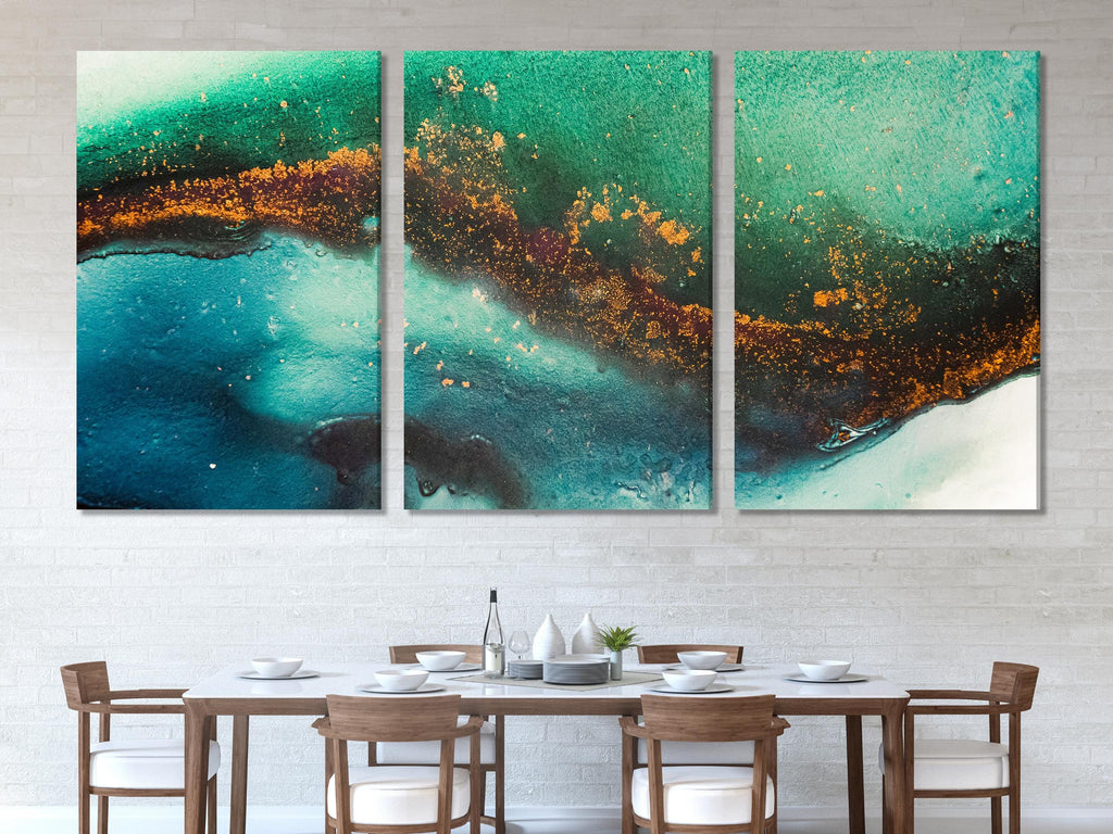 大型抽象艺术 - 青色和翠绿色抽象墙艺术，带有金色点缀的抽象画，当代多面板抽象艺术