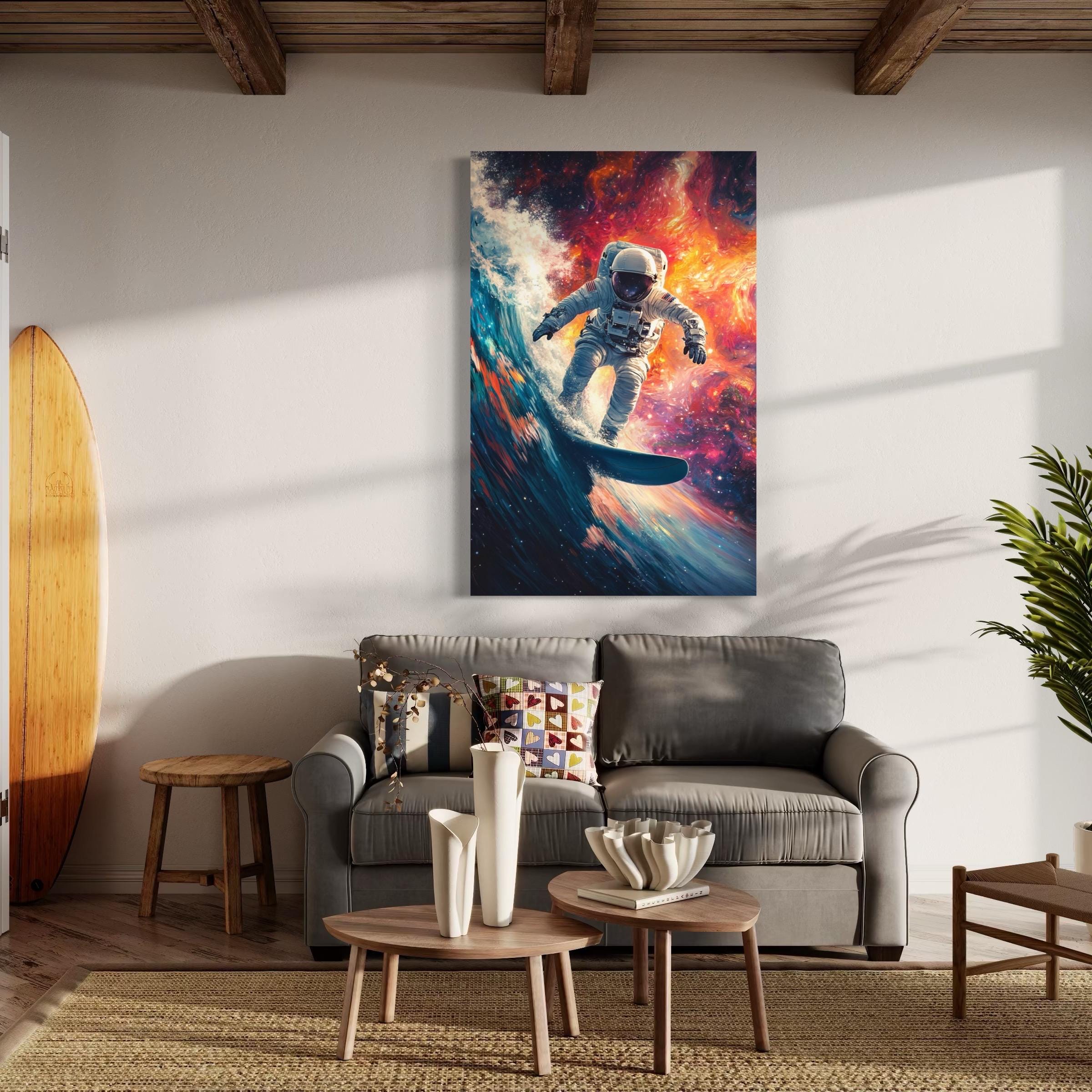 Astronaut Surfing Wall Art - Cosmic Surfer Canvas Print, Wave Surfing Artwork, Space Surfer Decor, Astronaut Art Print, Surfer Gift Idea