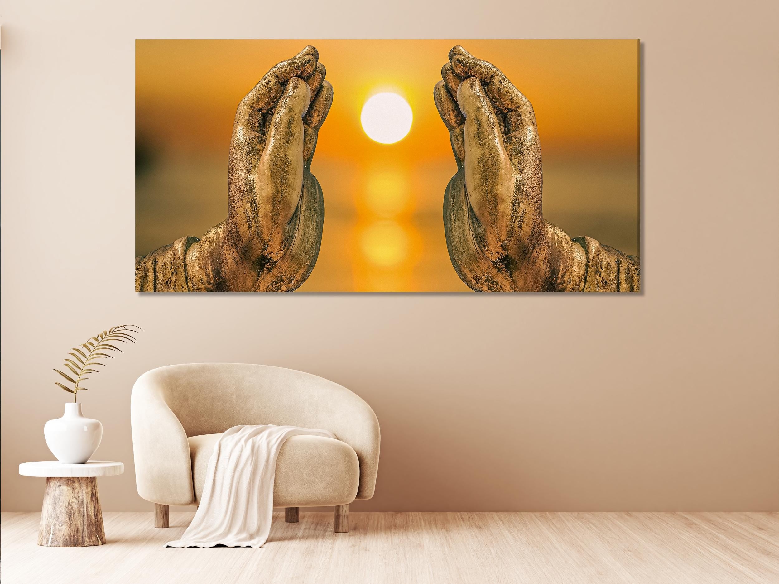 Buddha Hand Wall Art – Zen Sunset Canvas Print, Warm Tone Spa Wall Art, Large Meditative Wall Decor for Yoga Studio or Zen-Inspired Spaces