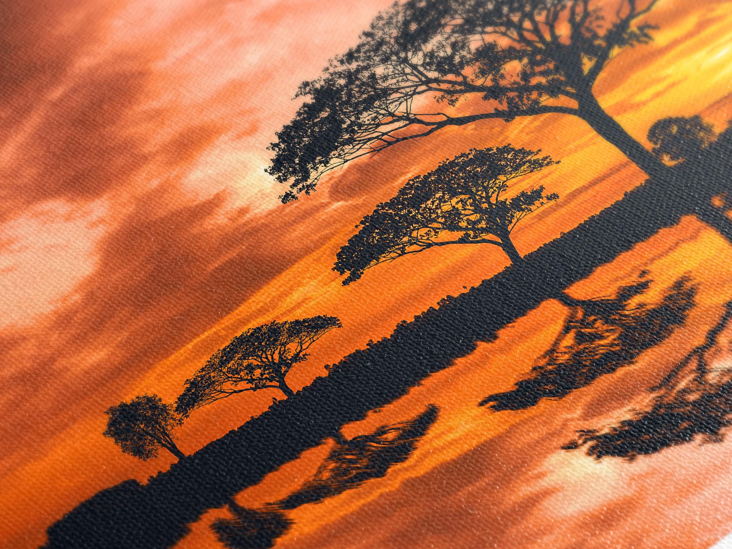 African Sunset Canvas Print - Tree Silhouette Wall Art, Serengeti Sunset Landscape, Vibrant Orange Nature Decor, Large Safari Wall Artwork