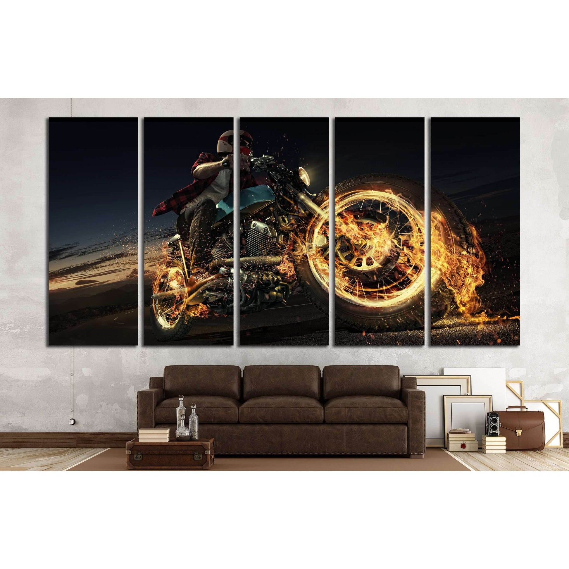 Biker riding motorcycle on an empty road at the night. Fire and energy №1879 Ready to Hang Canvas PrintCanvas art arrives ready to hang, with hanging accessories included and no additional framing required. Every canvas print is hand-crafted, made on-dema